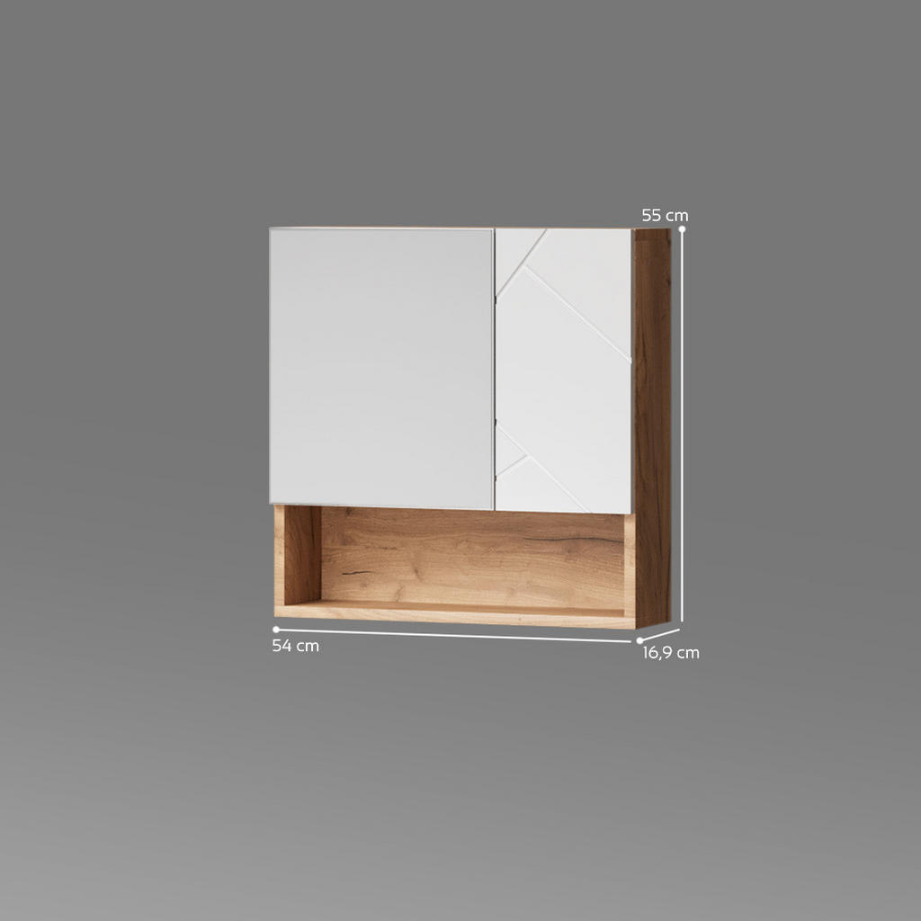 Thumbnail - Livinity® Badspiegelschrank, Weiß Hochglanz, Honigeiche, Holzwerkstoff, 5 Fächer, Rechteckig, 54x55x16.9 cm, Badezimmer,...