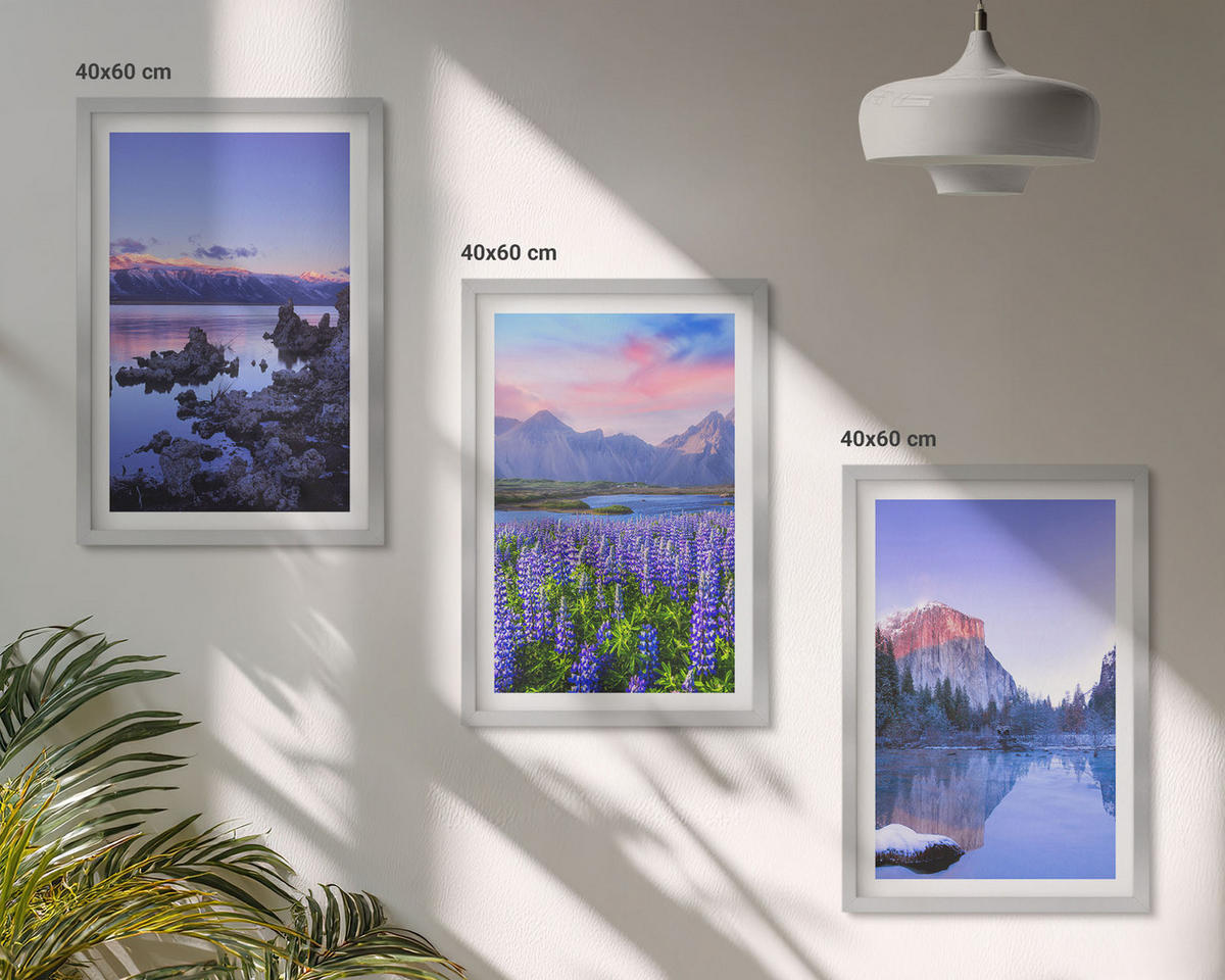 BILDER SET 3er Set - 40x60 cm Silberner Rahmen - Berglandschaften mit Wasser und Himmel - Silberfarben, Kunststoff (40/60cm) - TULUP