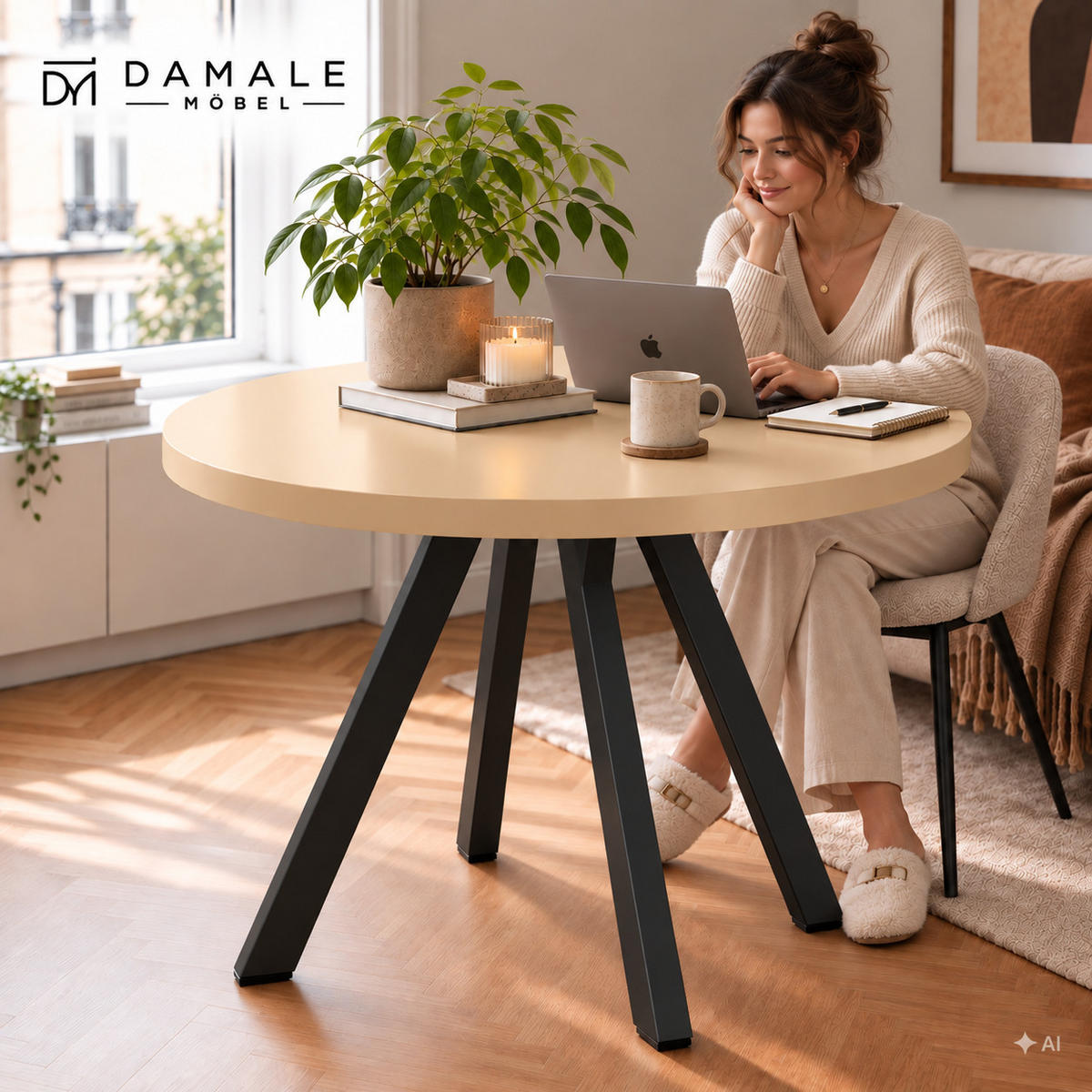 ESSTISCH rund ausziehbar 90/190/76 cm, Kaschmir, 54 cm Tischplatte + Y Metallgestell Schwarz - Kaschmir/Schwarz, Holzwerkstoff/Metall (90/190/76cm) - Damale Möbel