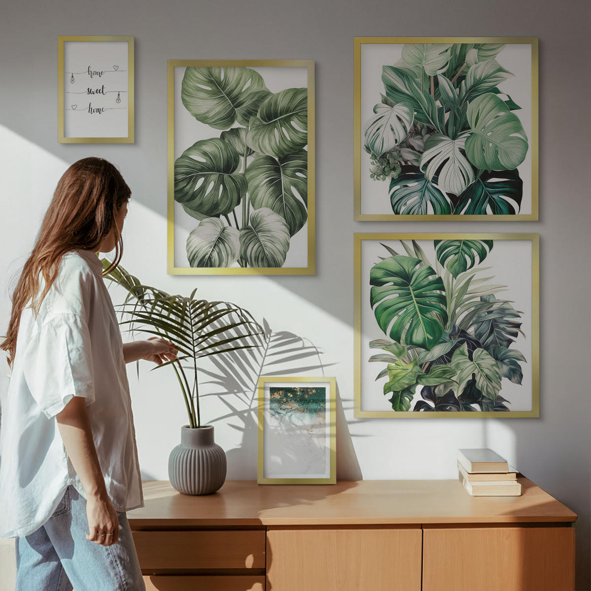 WANDBILDER 5er Set - 50x50 cm & 20x30 cm & 40x60 cm Goldrahmen - Aquarell-Monstera-Blätter - Goldfarben, Kunststoff (40/60cm) - ArtPrintCave