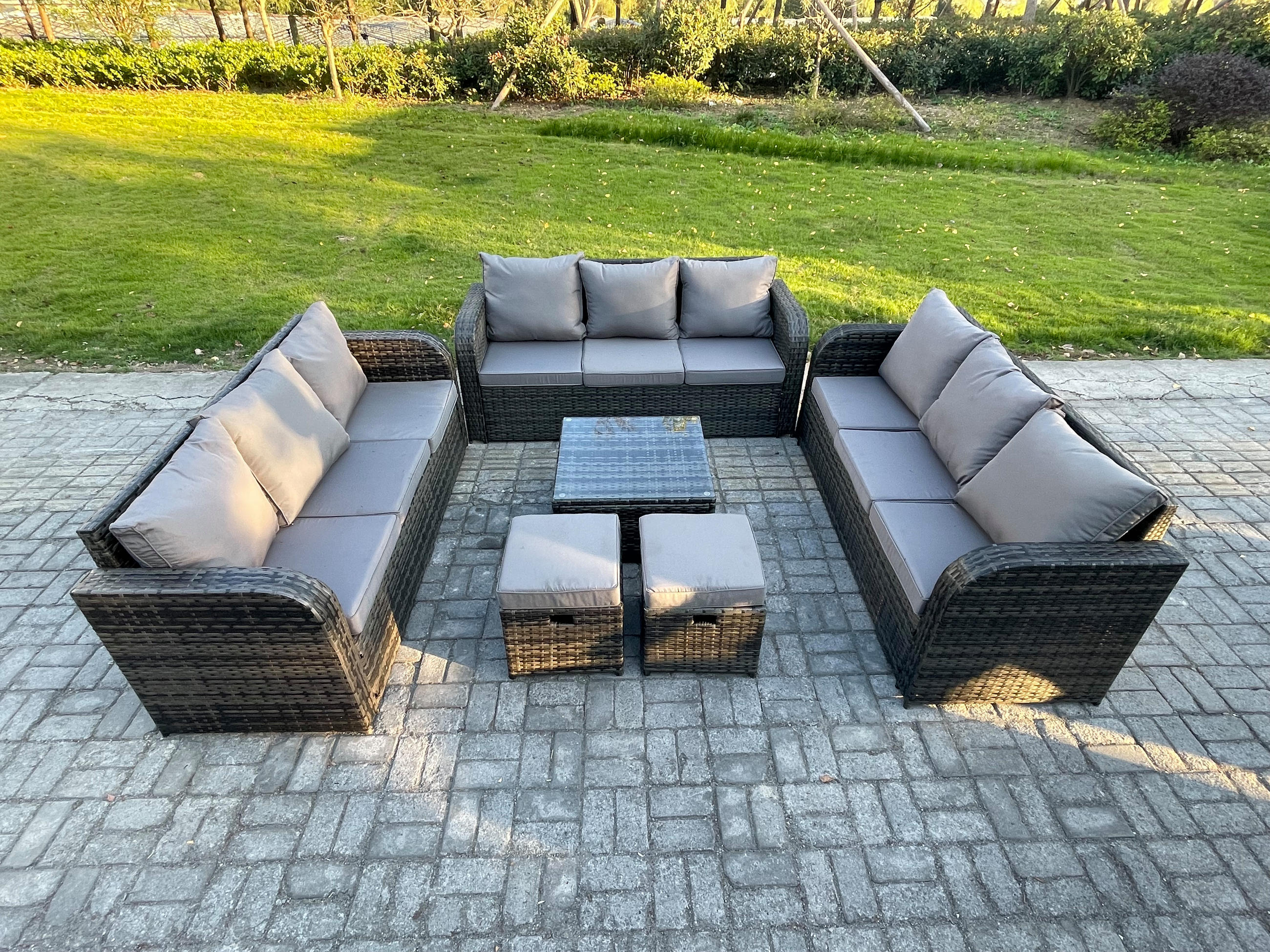 GARTENMÖBELGARNITUR mit KISSEN Polyrattan Dunkelgrau 11-Sitzer - Dunkelgrau/Grau, Glas/Kunststoff - Fimous