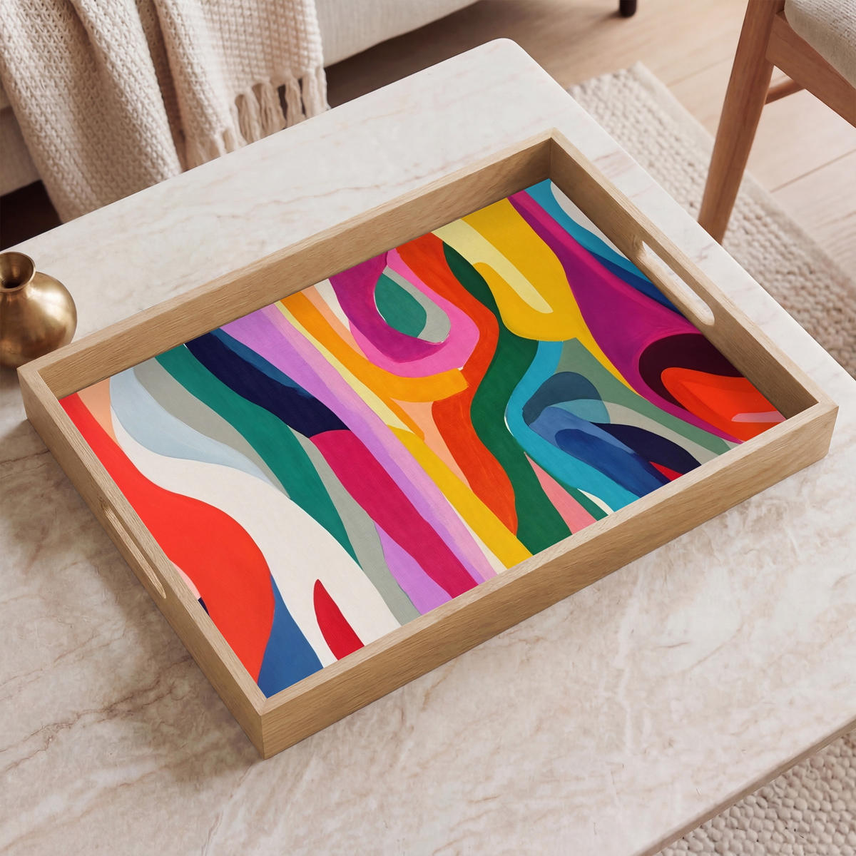SERVÍROVACÍ PODNOS Abstraktní - barevné - vlny - linie 50x35 cm - různobarevná, dřevo (50/5/5cm) - OnlyWow