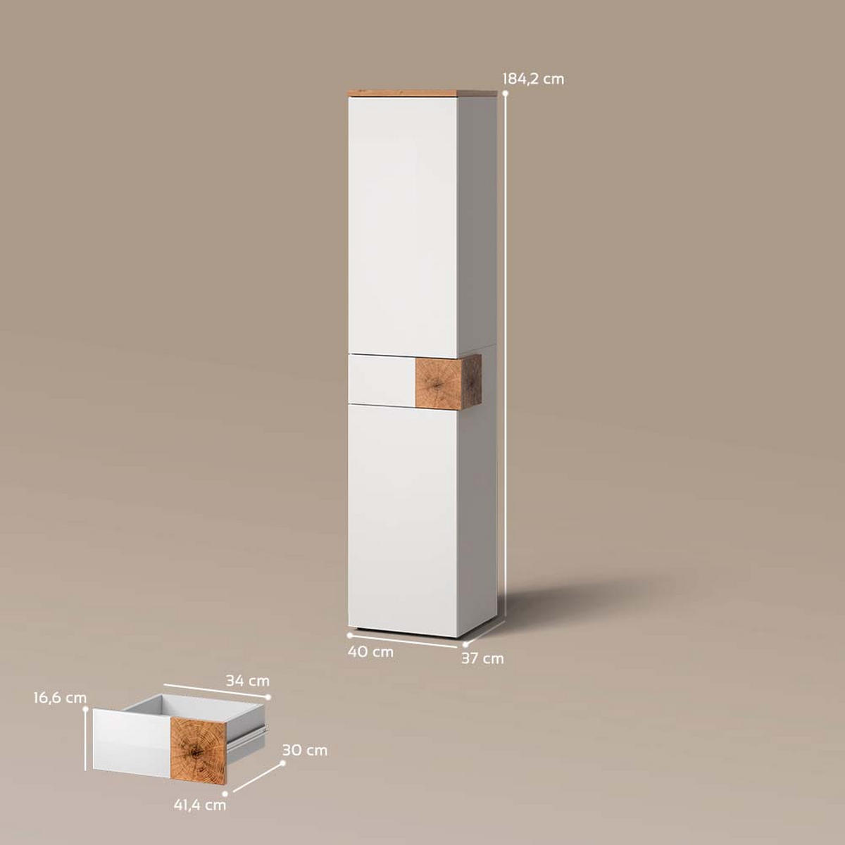 BADSCHRANK Tanaro Weiß 40 x 184.2 cm mit 2 Türen und Schublade - Weiß, Holzwerkstoff (40/184.2/37cm) - Livinity®