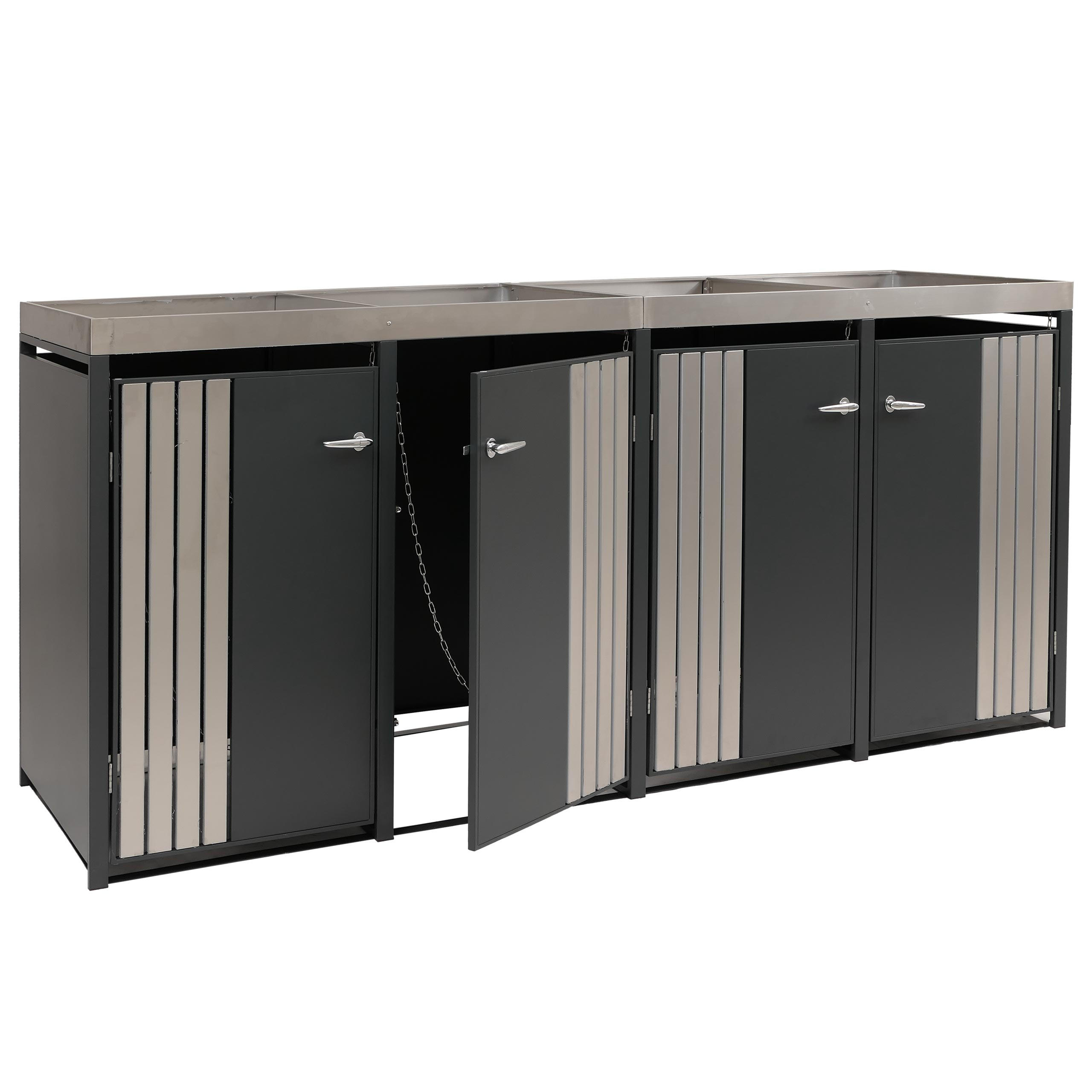 MÜLLTONNENBOX 4er mit Pflanzkasten HxBxT 125x260x84cm Anthrazit Edelstahl - Anthrazit, Metall (260/125/84cm) - PROREGAL