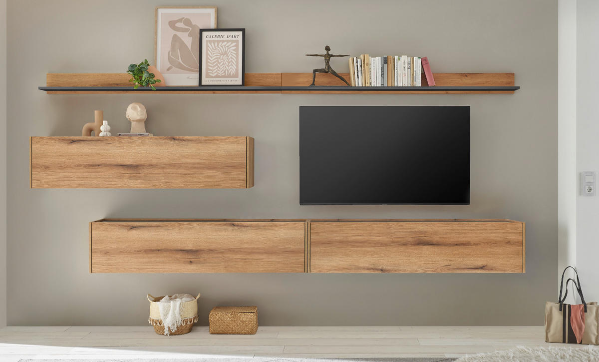 WOHNWAND Evoke Eiche, grau, Set 5-teilig mit XXL TV-Board, 340 cm - Eichefarben/Grau, Holz/Holzwerkstoff (340/180/30cm) - Furn.Design