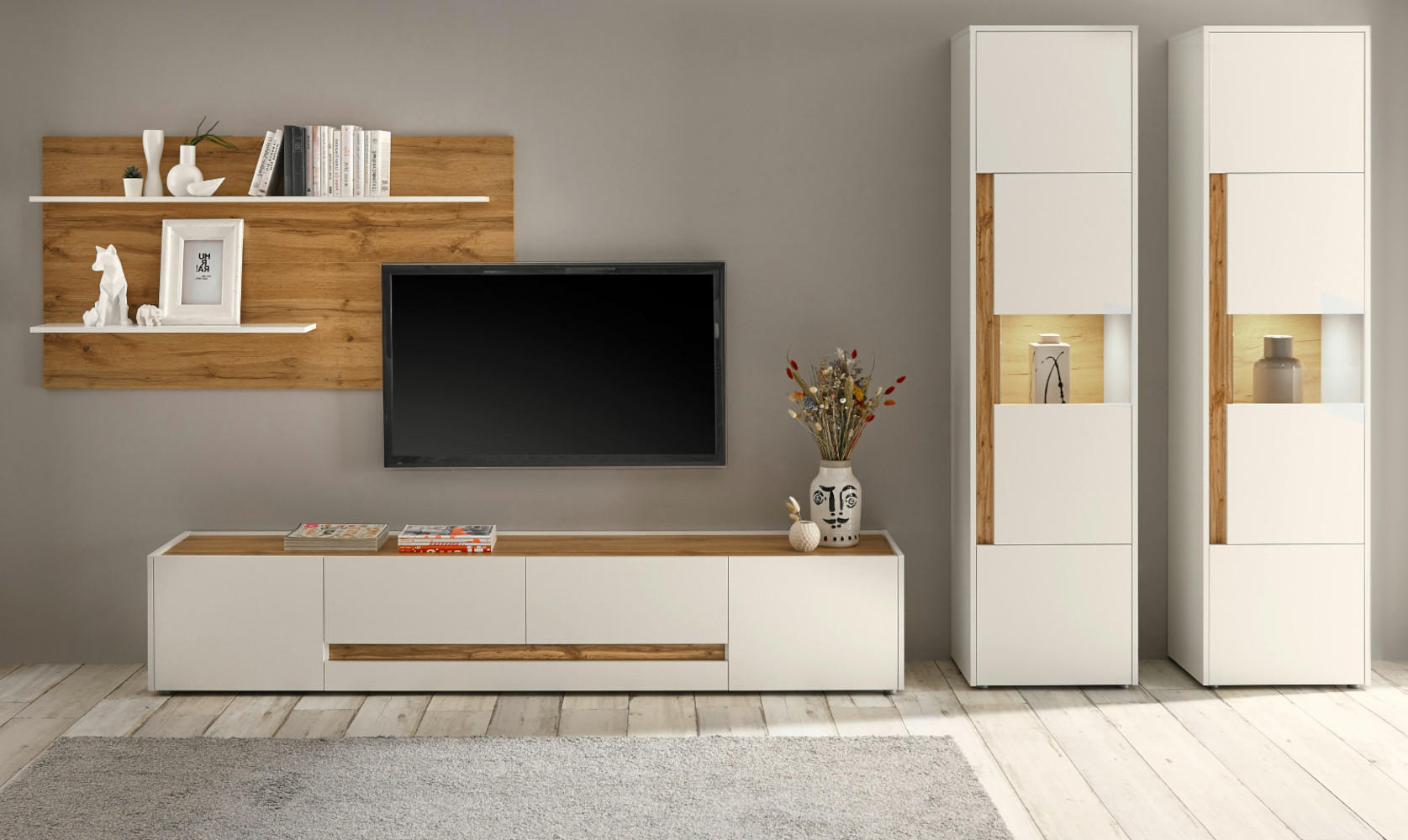 WOHNWAND weiß, Eiche Wotan 4-teilig 400 cm, Wohnkombination viel Stauraum - Schwarz/Weiß, Glas/Holz (400/197/45cm) - Furn.Design