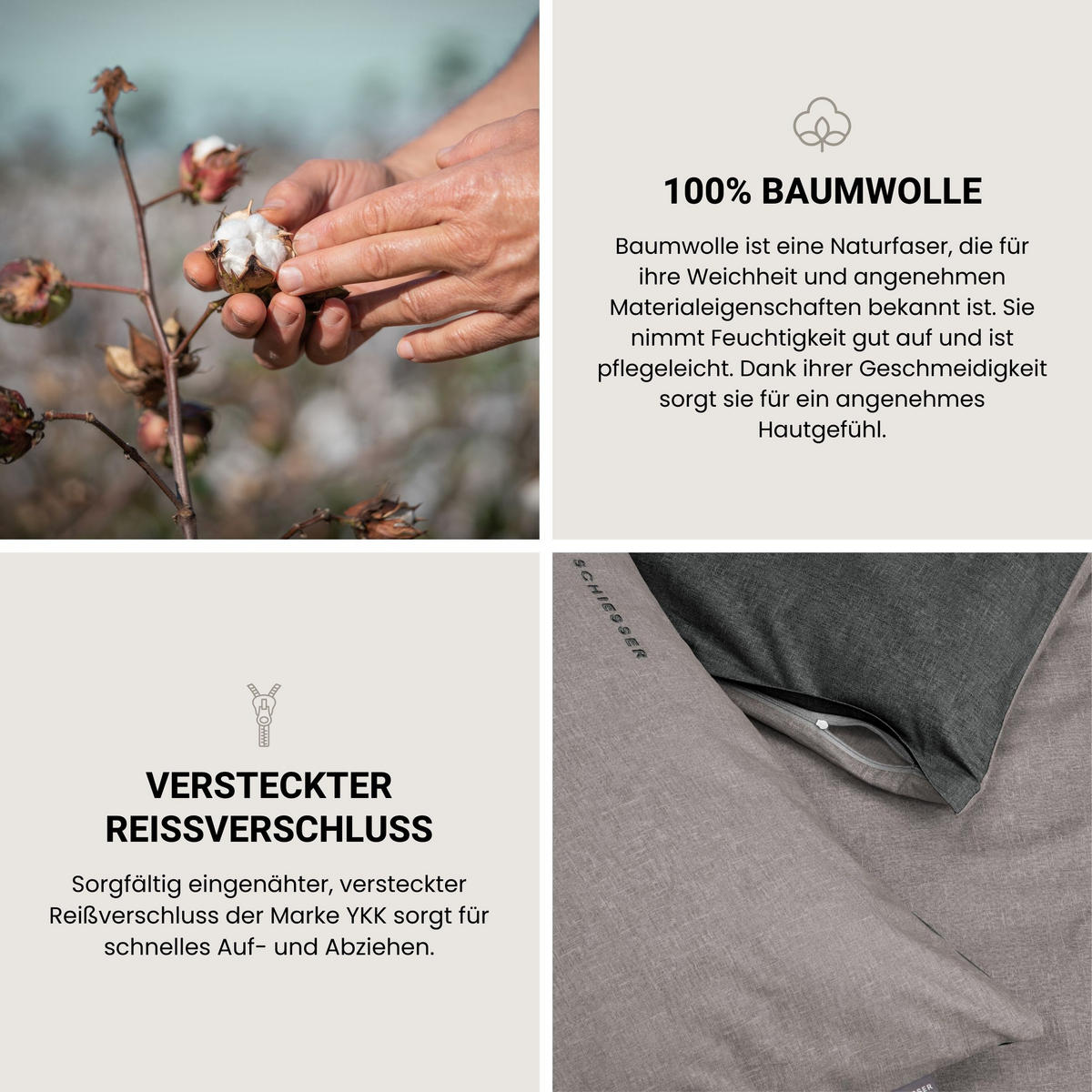 BETTWÄSCHESET Doubleface - Renforcé - 2-teilig - 135 x 200 cm - Grau-Schwarz - Schwarz, Textil (135/200cm) - SCHIESSER