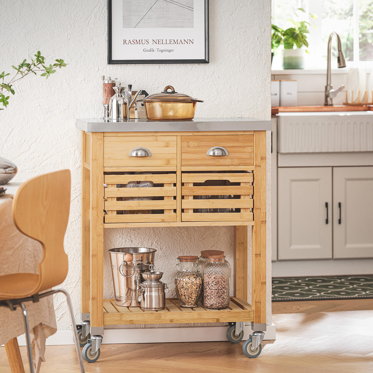 KÜCHENWAGEN Bambus Edelstahl - Naturfarben, Holzwerkstoff (73/93/46cm) - SoBuy