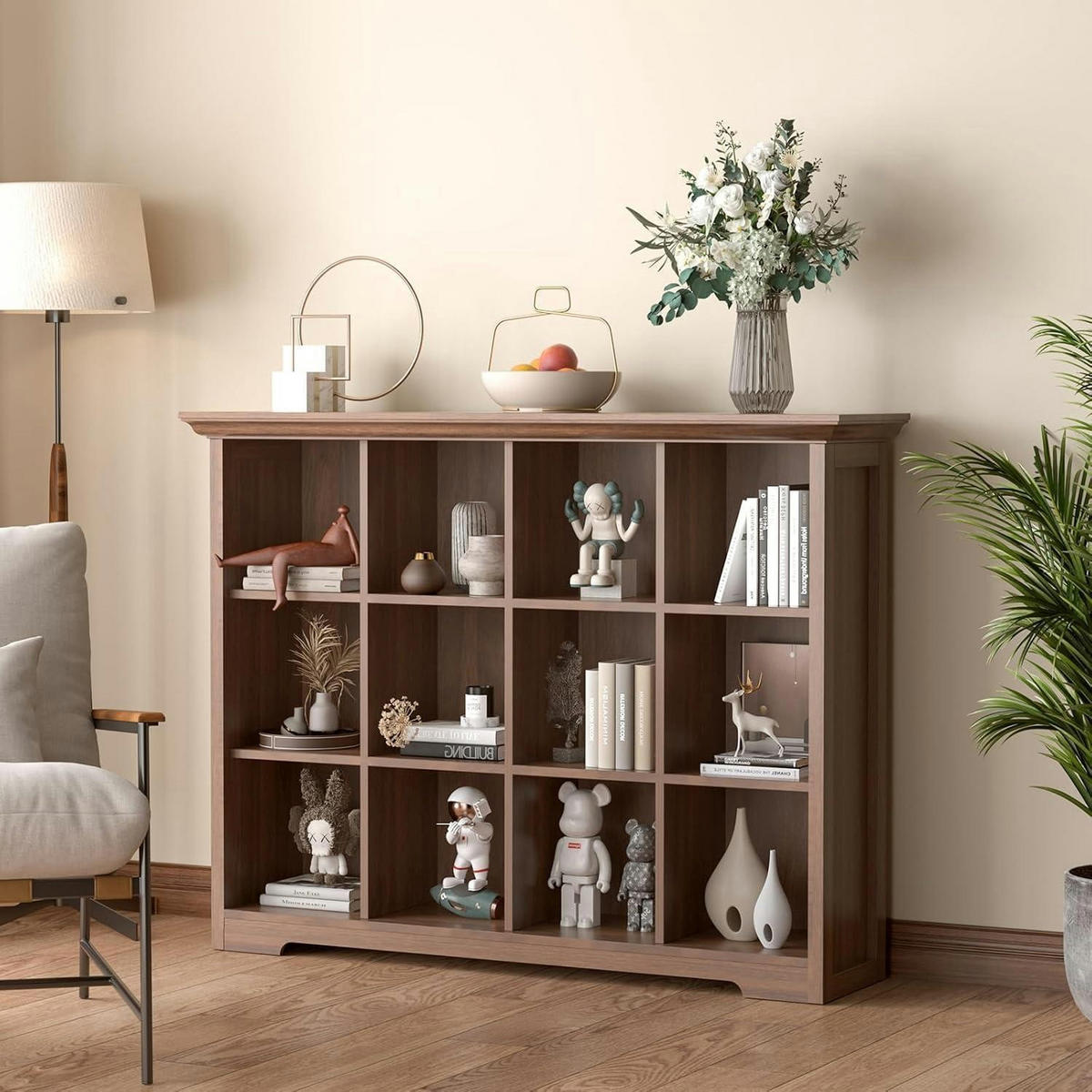 BÜCHERREGAL mit Sockel 12 Fächer Walnuss 127 x 99 cm - Braun, Holzwerkstoff (127/99/34cm)