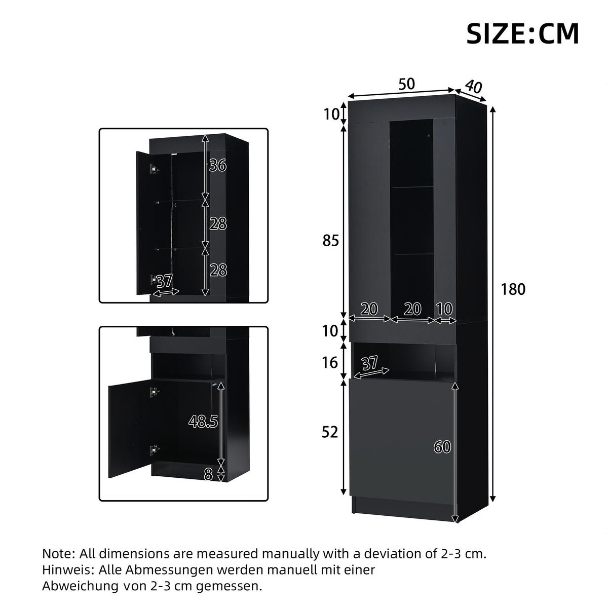 VITRINE LED Schwarz Stauraum Buffetschrank Wohnzimmerschrank modern - Schwarz, Holzwerkstoff (40/180/50cm) - FLIEKS
