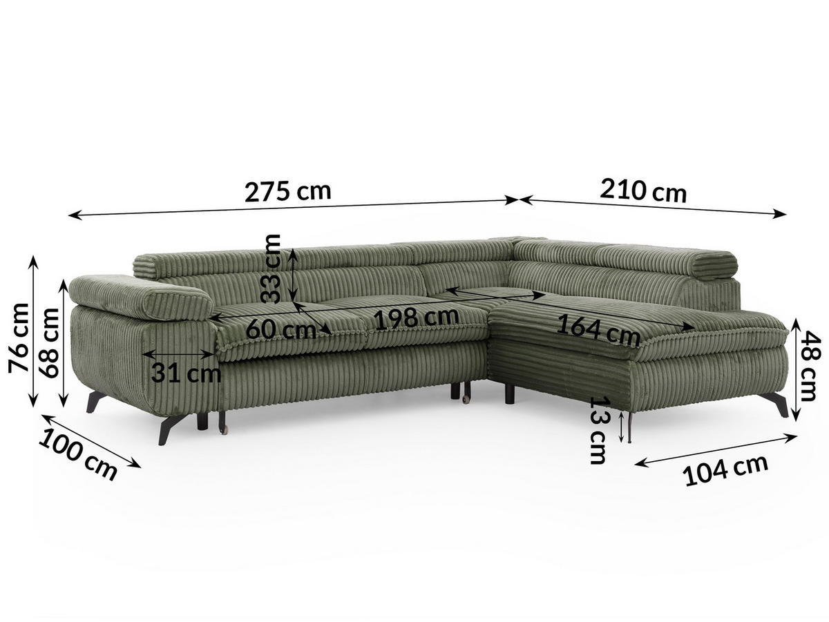 ECKSOFA mit Schlaffunktion und Bettkasten Bonnie aus Olive Cord-Stoff mit verstellbaren Kopfstützen und Armlehne - Ottomane rechts - Schwarz/Hellgrün, Holz/Textil (275/210cm) - S-Style Möbel