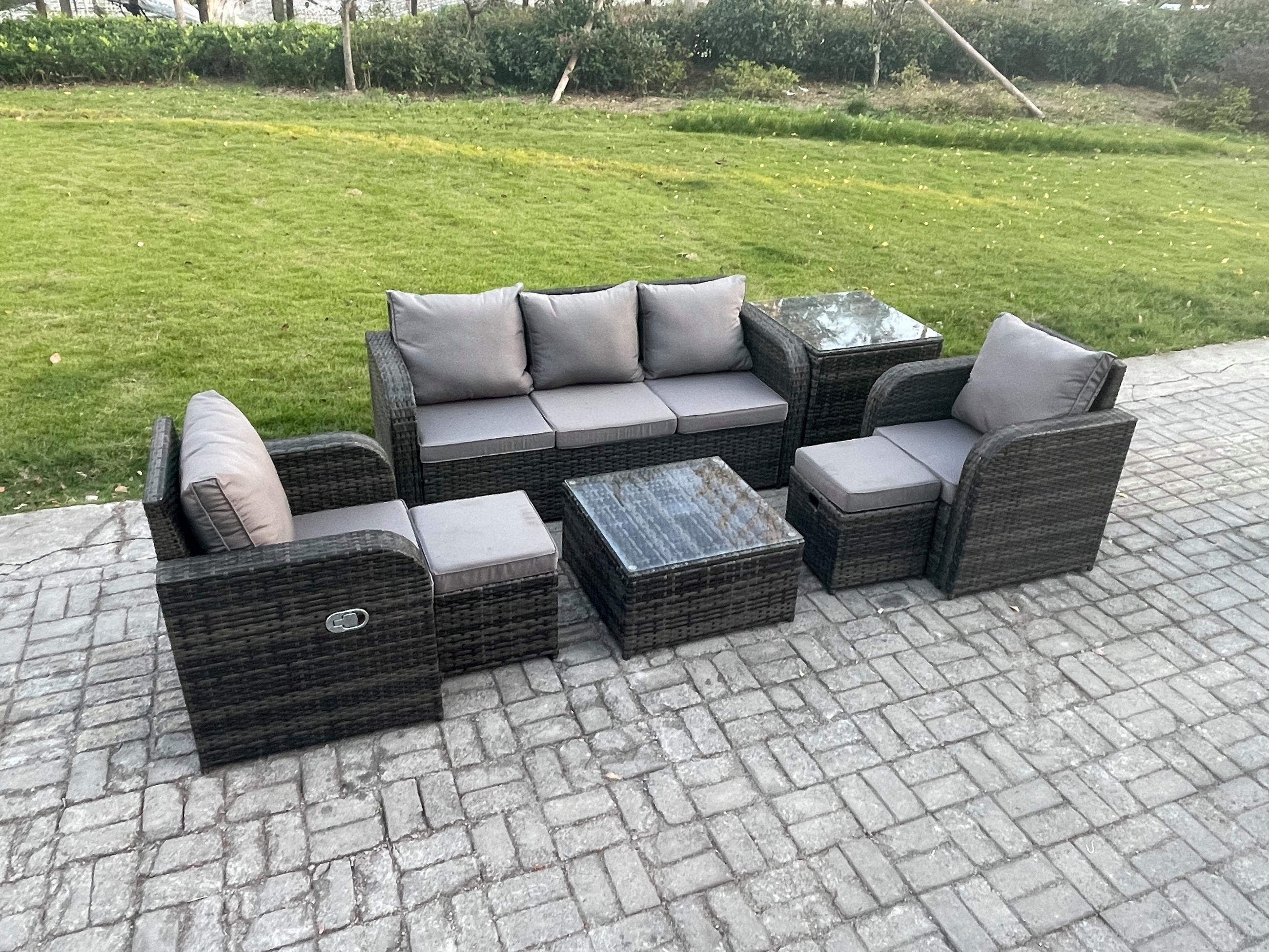 GARTENMÖBELGARNITUR mit KISSEN Polyrattan Dunkelgrau 5-Sitzer - Dunkelgrau/Grau, Glas/Kunststoff - Fimous