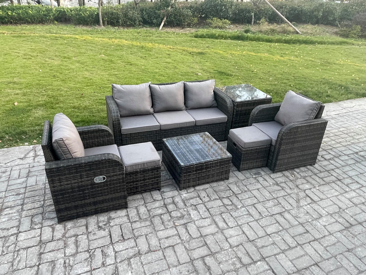 GARTENMÖBELGARNITUR mit KISSEN Polyrattan Dunkelgrau 5-Sitzer - Dunkelgrau/Grau, Glas/Kunststoff - Fimous