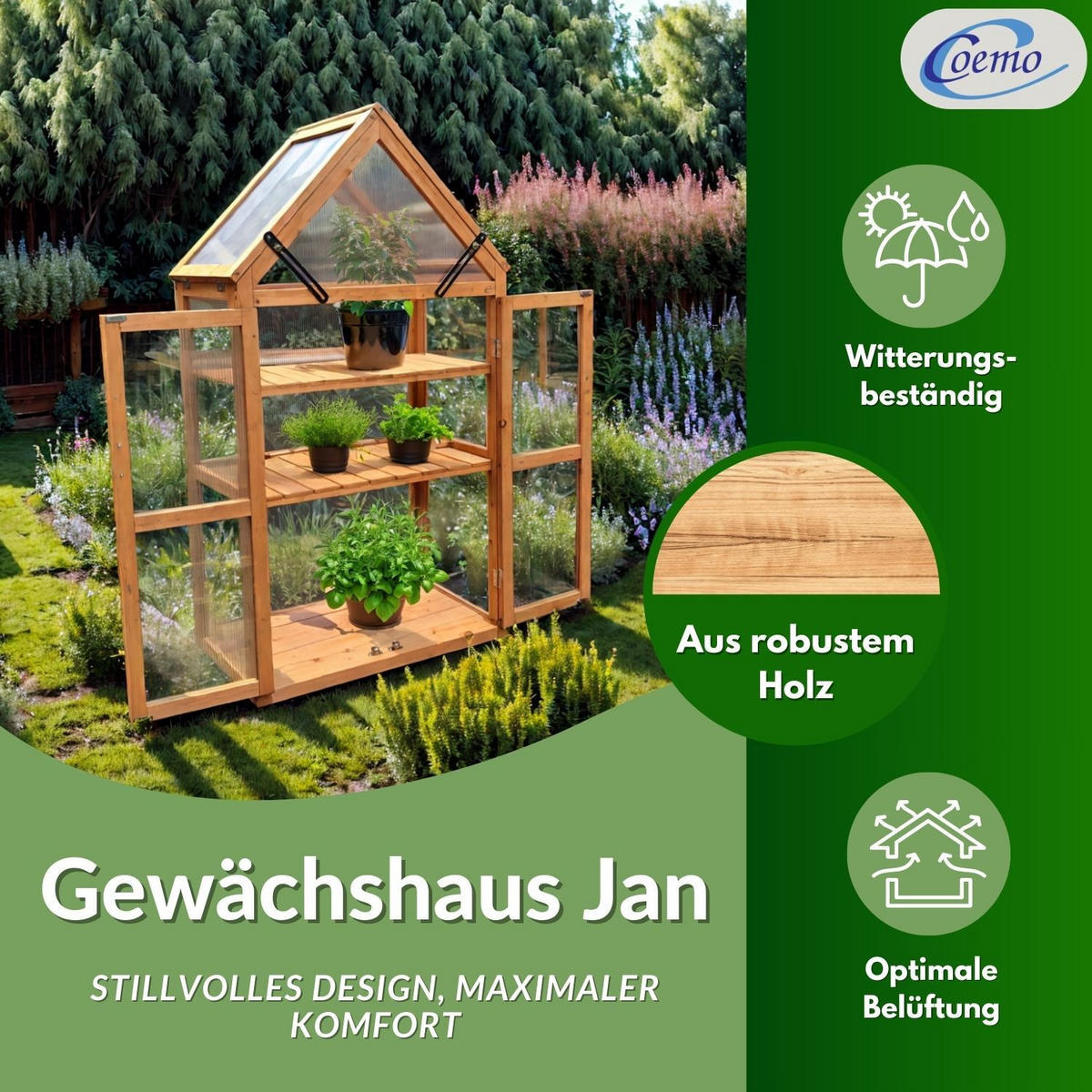 GEWÄCHSHAUS JAN Holz Farbe Braun 65/40/120 cm - Naturfarben, Holz (40/120/65cm) - Coemo