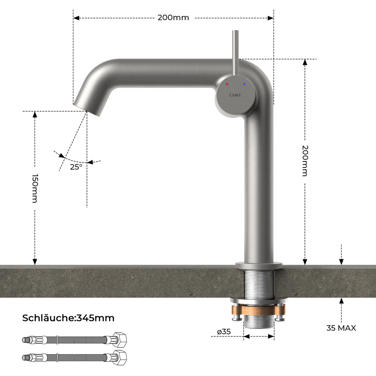 WASCHTISCHARMATUR Ventilkernzertifizierung Anthrazit Matt 15cm - Anthrazit, Metall (20/7.6/22.2cm) - EMKE