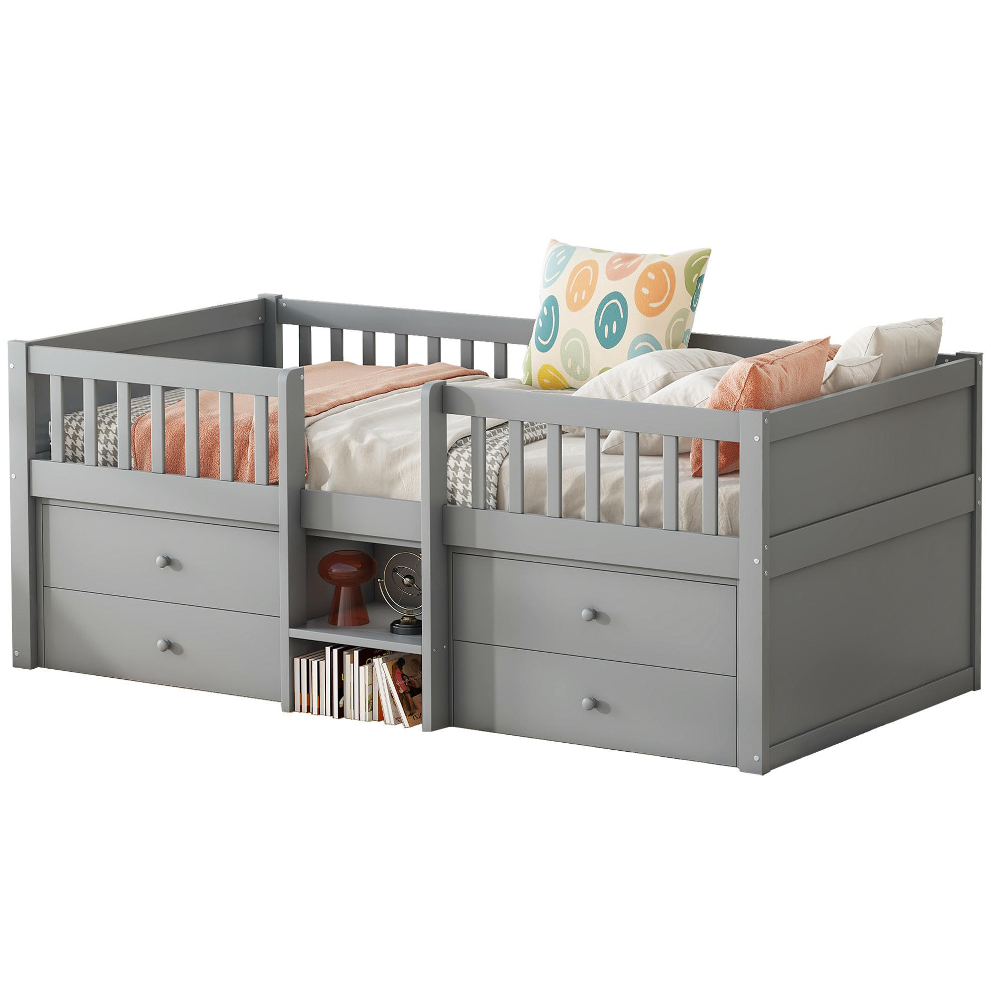 HOCHBETT 90/200 cm grau mit 4 Schubladen und Sicherheitsgeländer mit Matratze - Grau, Holzwerkstoff (90/200cm) - OKWISH