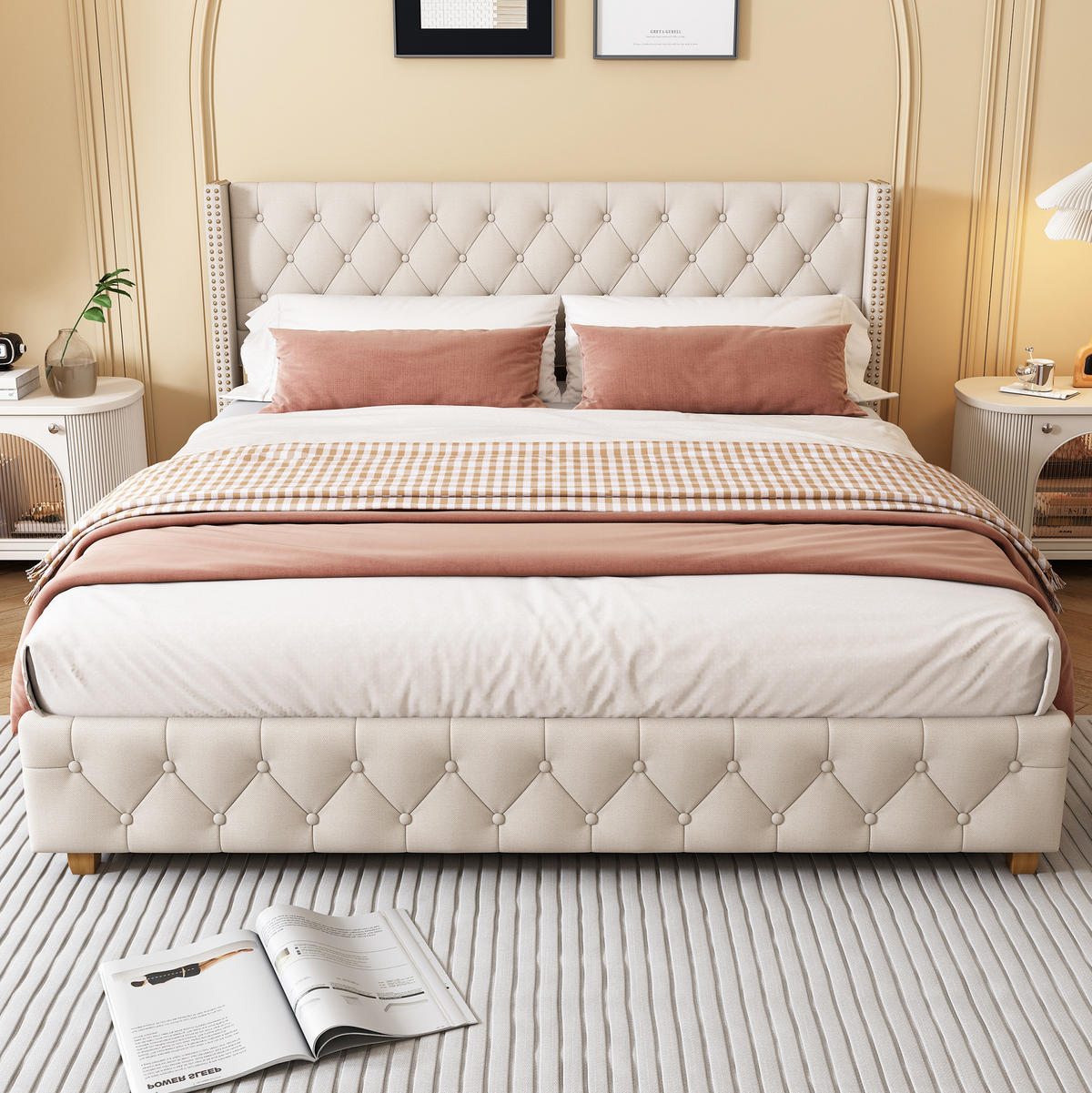 POLSTERBETT 180/200 cm Beige aus Leinen mit Knopfheftung - Beige, Textil (180/200cm) - OKMYHOME