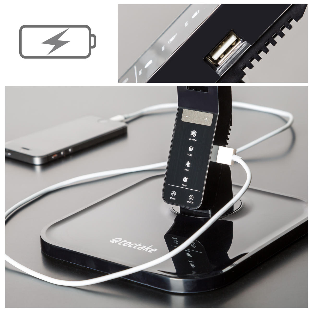 SCHREIBTISCHLAMPE ,inklusive USB-Anschluss,schwarz - Schwarz, Kunststoff (46/2.1/18cm) - tectake