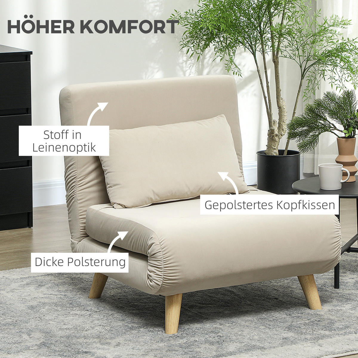 SCHLAFSESSEL, Klappsessel mit Bettfunktion, bis 120 kg belastbar, Beige - Beige/Naturfarben, Holz/Textil (78/79/72cm) - HOMCOM