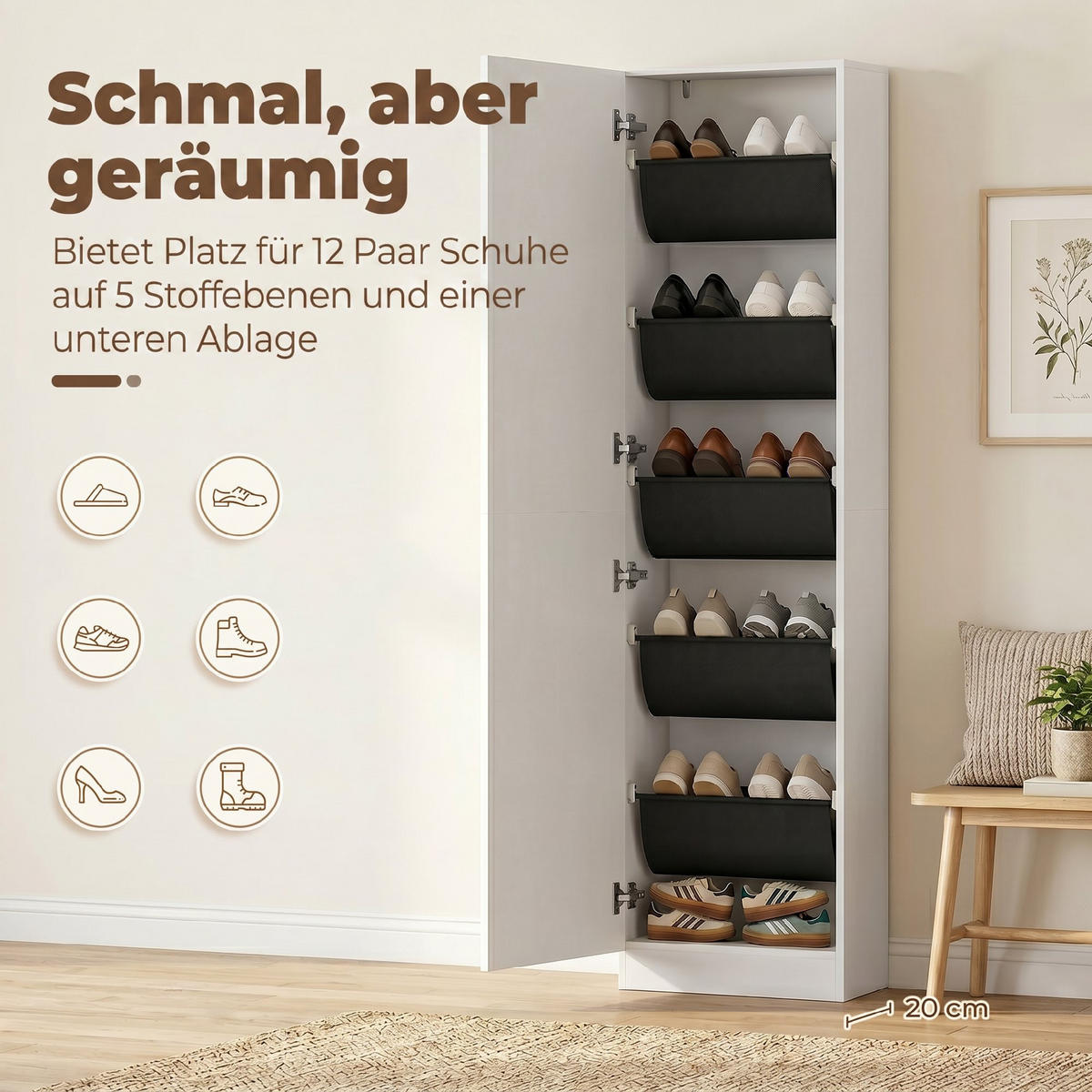 SCHUHSCHRANK Spanplatte Hartglas Weiß - Silberfarben/Weiß, Holzwerkstoff/Textil (20/180/50cm) - HOMCOM