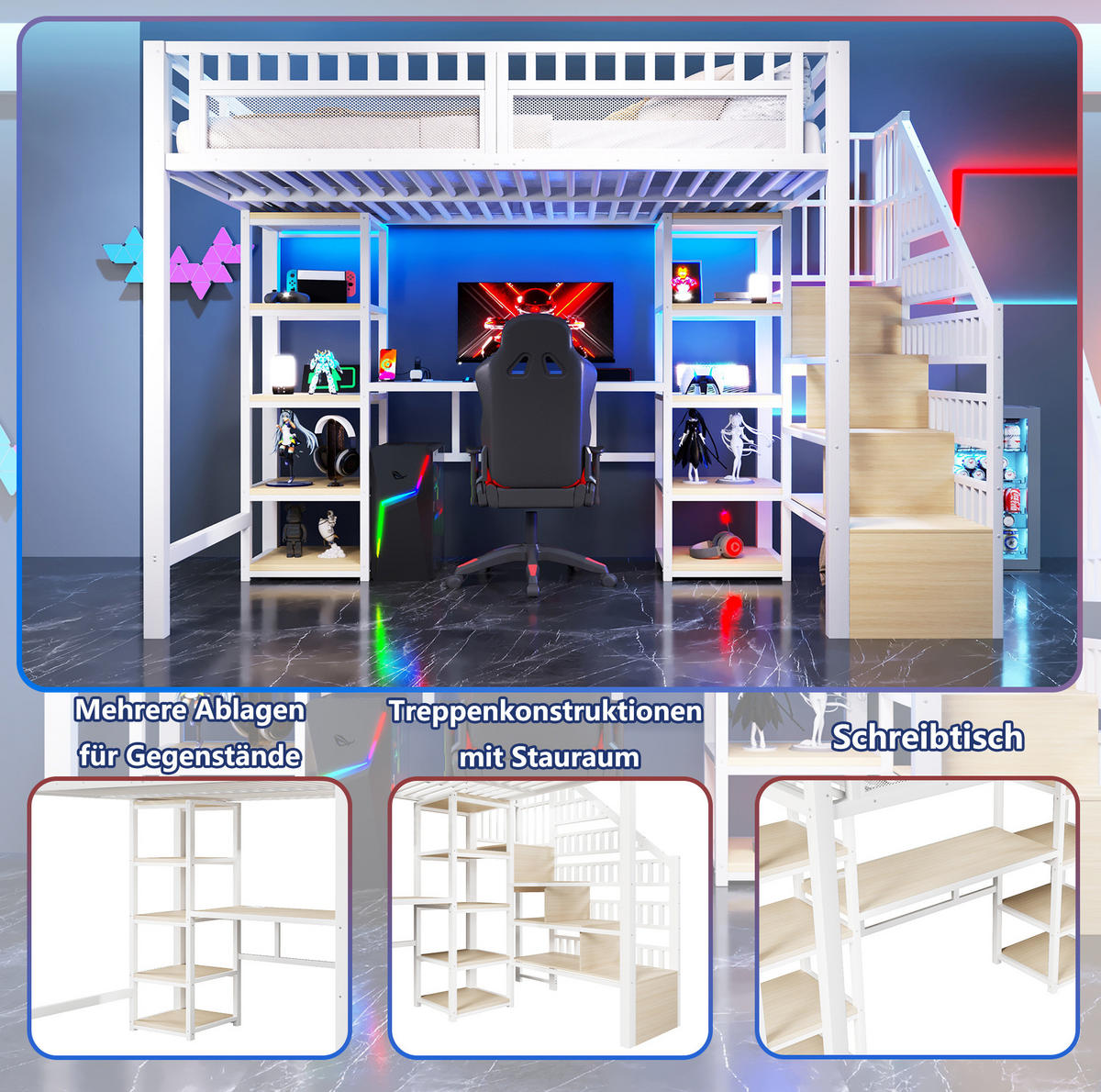 HOCHBETT aus Metall und MDF 140x200 cm Weiß mit Schreibtisch, LED-Lichtleiste, USB-Anschluss und Stauraumleiter - Weiß, Metall (140/200cm) - Modfu