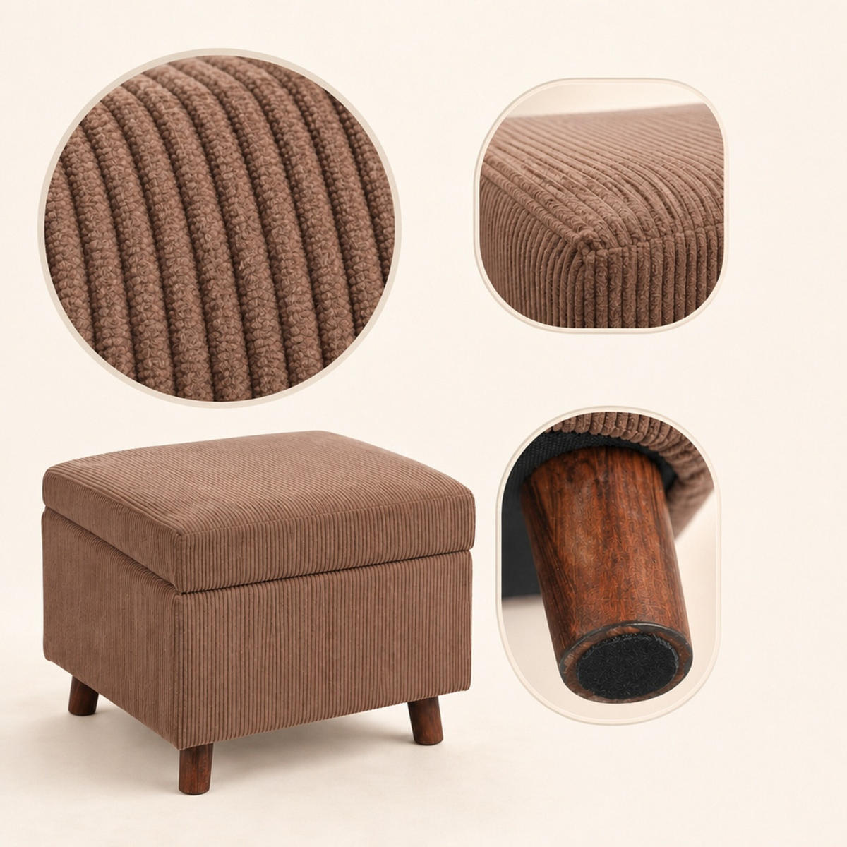TABURET Maro catifea reiată cu spațiu de depozitare 40 cm - maro, material textil/compozit lemnos (46/40/40cm) - Relaxdays