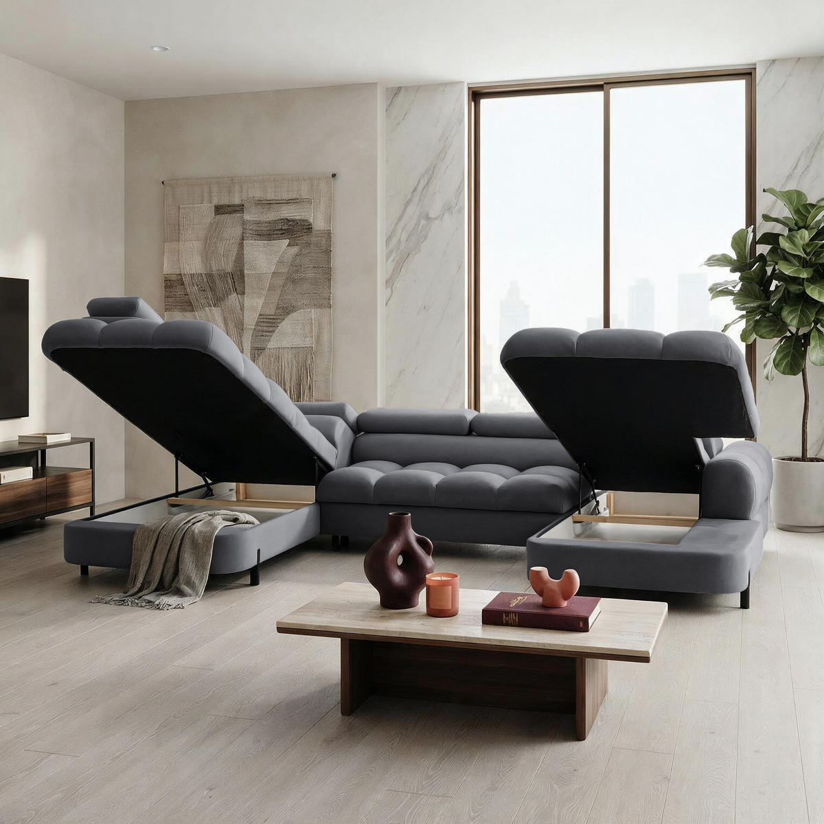 ECKSOFA U-Form BOWL U Links mit Schlaffunktion 125x265 Velours Dunkelgrau - Dunkelgrau/Schwarz, Holz/Textil (339/90/195cm) - Muffo