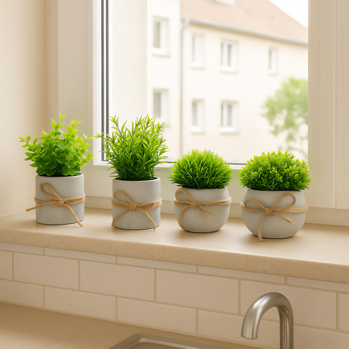 4XKUNSTPFLANZEN - Multicolor/Grau, Kunststoff/Stein (18cm) - Relaxdays