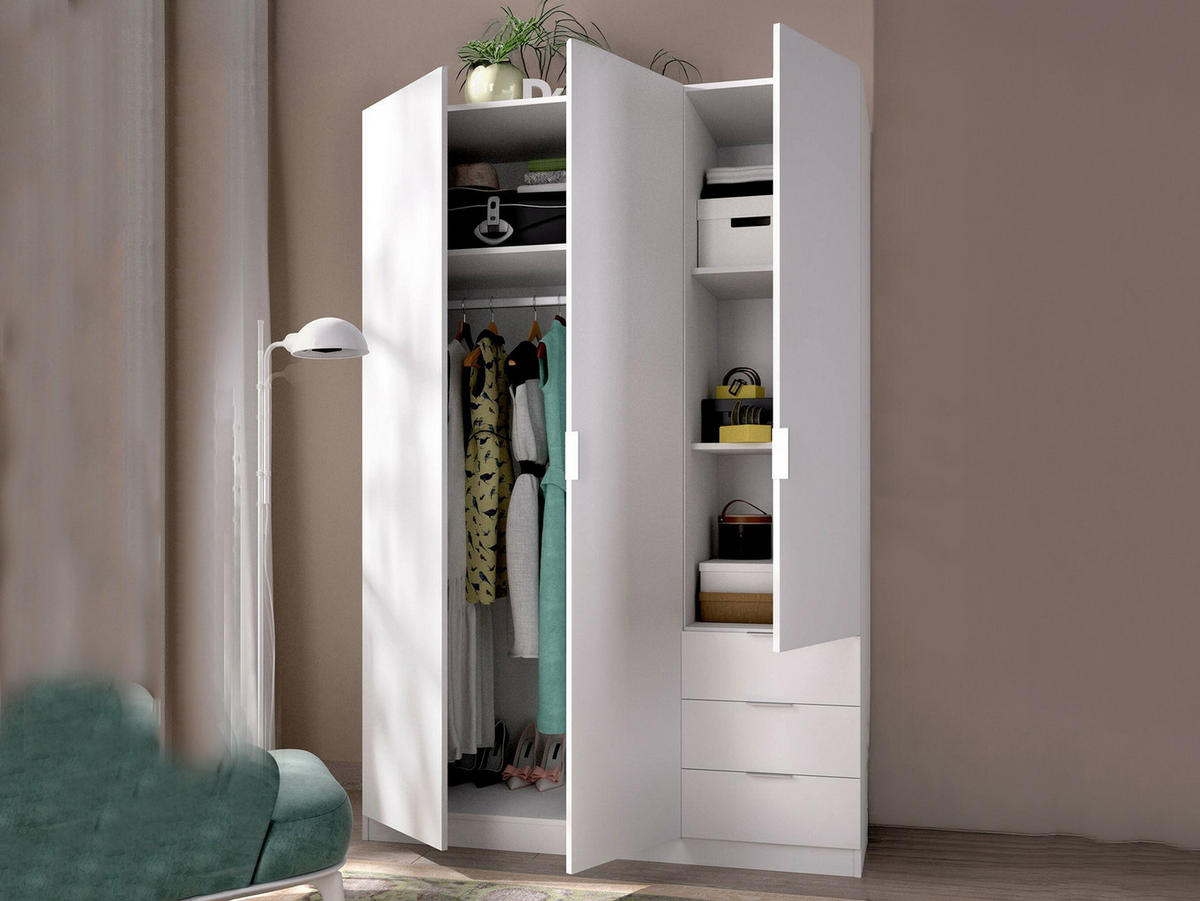 KLEIDERSCHRANK 3 TÜREN Weiß 52/121/184 cm - Weiß, Holzwerkstoff (121/184/52cm) - DMORA