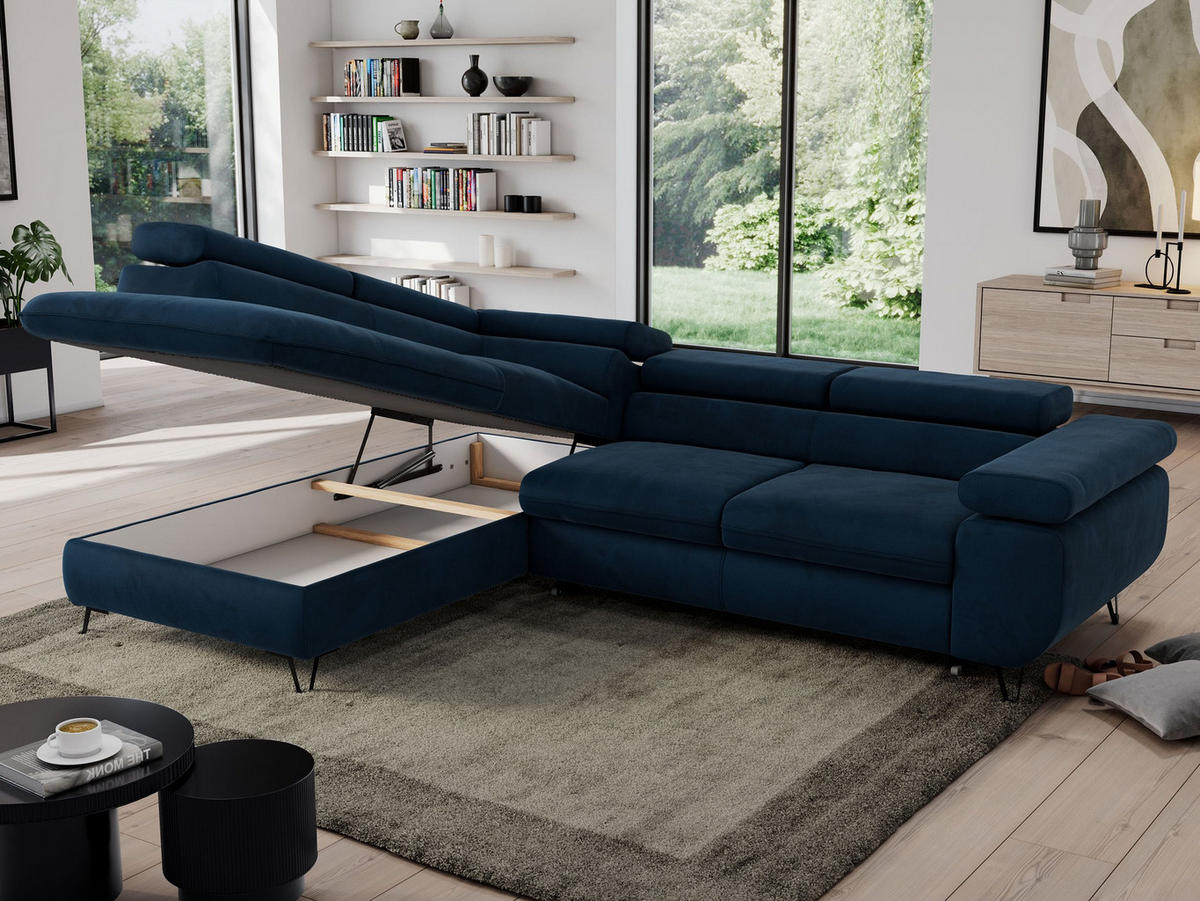 ECKSOFA PEDRO L Dunkelblau Velvet - Links Seite - Schwarz/Dunkelblau, Textil/Metall (208/273cm) - MKS