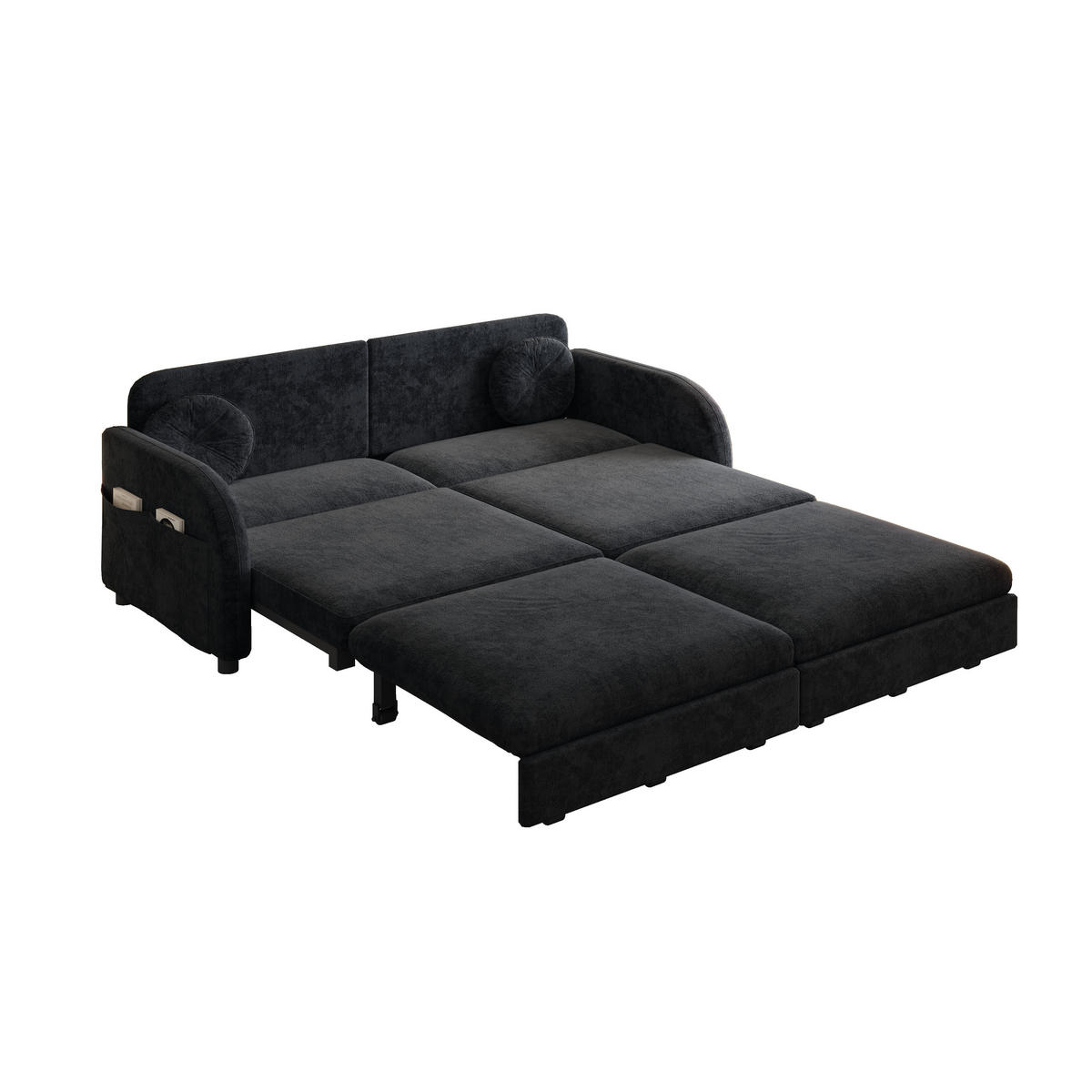 SCHLAFSOFA 166/84/90 cm Schwarz Chenille mit losen Kissen und Stautaschen an beiden Seiten - Schwarz, Textil (84/90/166cm) - Oxeza