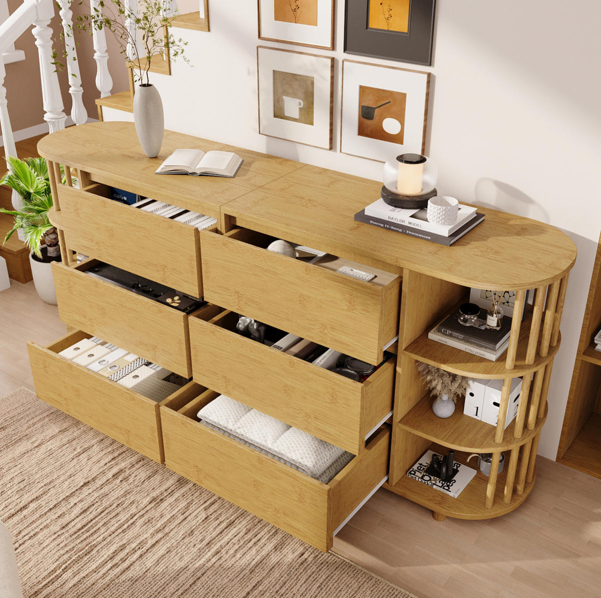 SIDEBOARD 160/40/75 cm Eiche aus MDF/Bambus mit 6 Schubladen - Naturfarben, Holzwerkstoff (160/75/40cm) - OKWISH