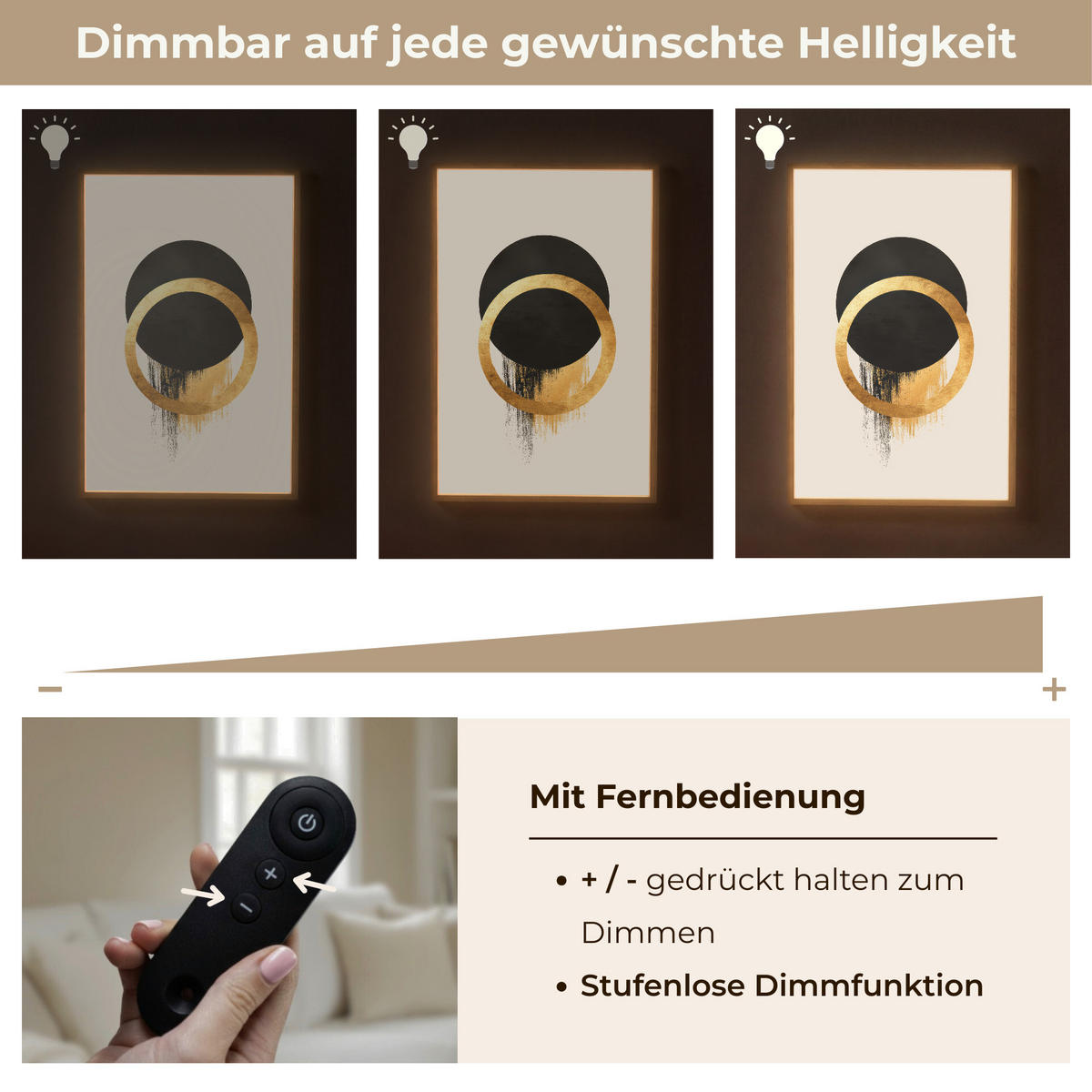 WANDLEUCHTE MIT AKKU Abstraktes Design - Schwarzer Kreis - Farbflecken 70x100 cm - Creme, Holzwerkstoff (70/100/8cm) - OnlyWow