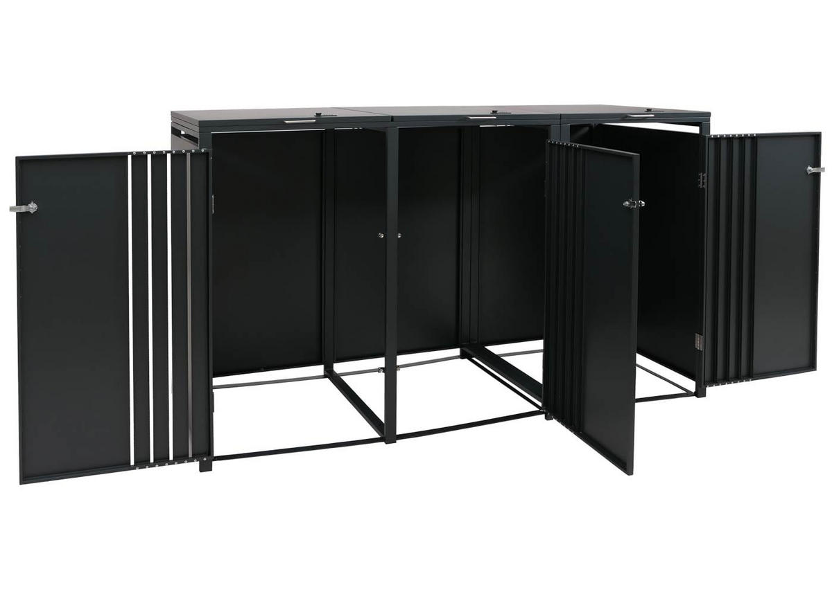 MÜLLTONNENBOX 3er mit Deckel HxBxT 122x200x84cm Anthrazit Holzoptik dunkel - Anthrazit, Metall (200/122/84cm) - PROREGAL