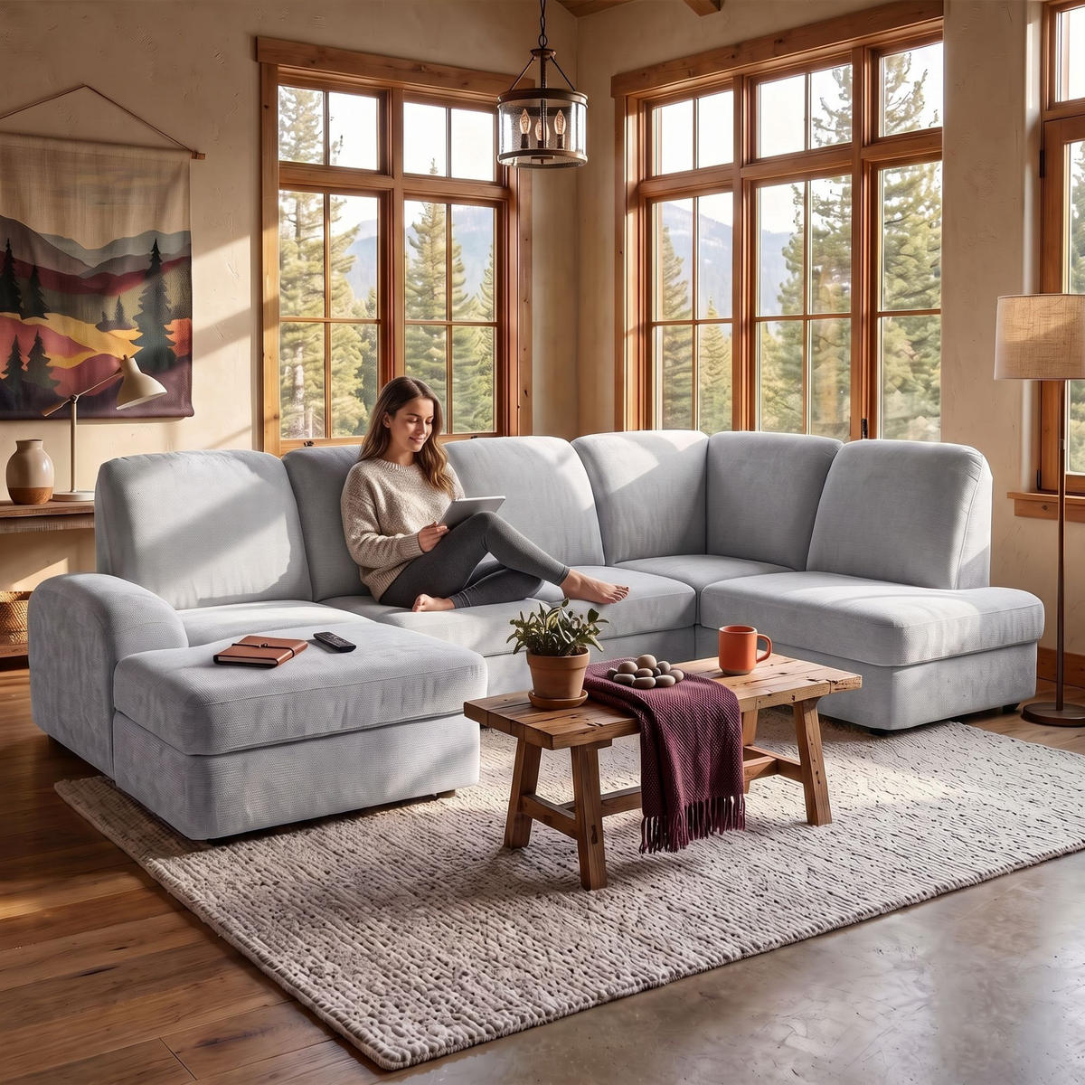 ECKSOFA VIBE U Rechts mit Schlaffunktion 129x263 Chenille Hellgrau - Hellgrau/Schwarz, Holz/Kunststoff (186/102/280cm) - Muffo