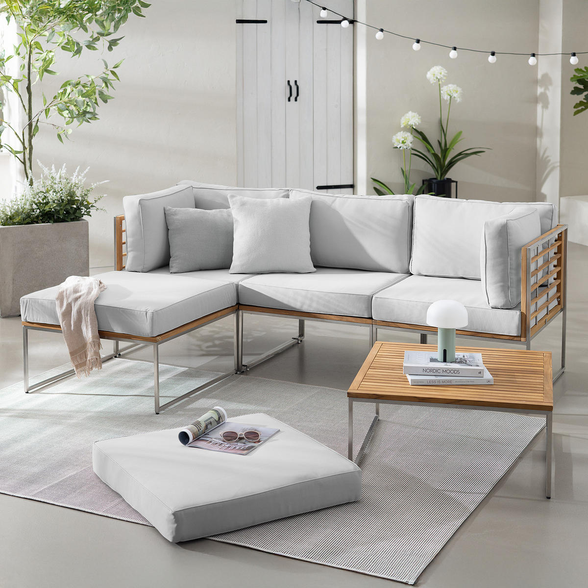 LOUNGESET - 5-teilig - Webstoff / Teak massiv - Hellgrau, Holz/Textil - home24