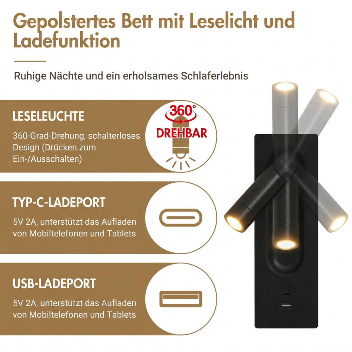 POLSTERBETT 160/200 cm Beige mit Leselampe und USB Type-C Ladefunktion - Beige, Textil (160/200cm) - Oxeza