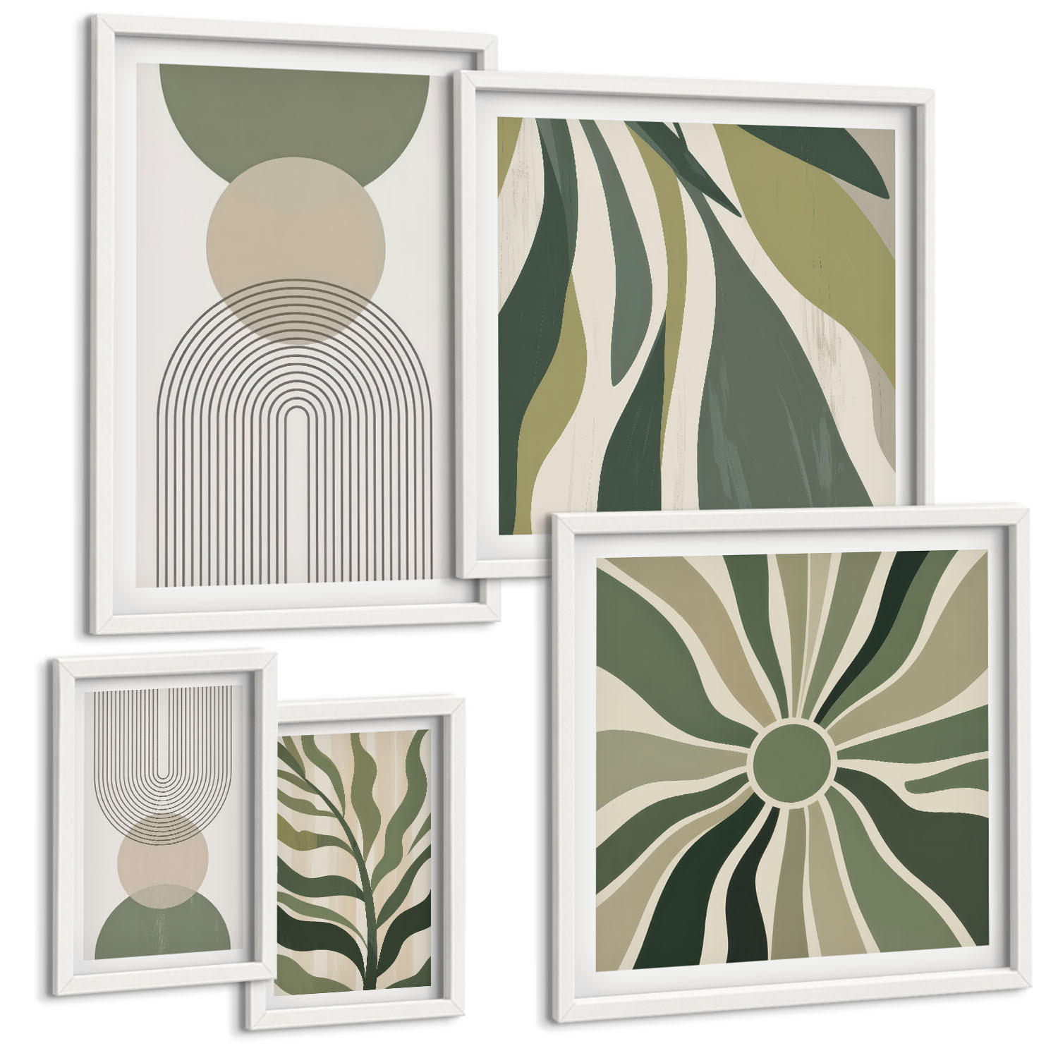 BILDER SET 5er Set - 50x50 cm & 20x30 cm & 40x60 cm Weißer Rahmen - Bemalte Blätter mit Grün - Weiß, Kunststoff (40/60cm) - TULUP