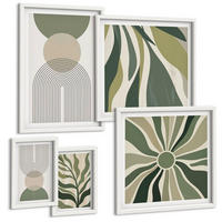 BILDER SET 5er Set - 50x50 cm & 20x30 cm & 40x60 cm Weißer Rahmen - Bemalte Blätter mit Grün - Weiß, Kunststoff (40/60cm) - TULUP