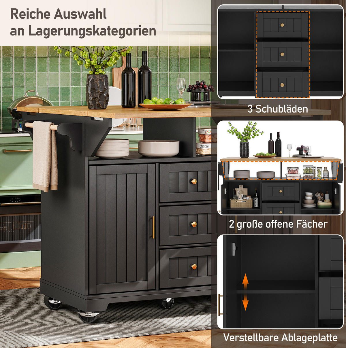 KÜCHENINSEL 120/40/95 cm in Schwarz mit Klappfunktion und Rollen - Schwarz, Holzwerkstoff (120/95/40cm) - Flora Grace