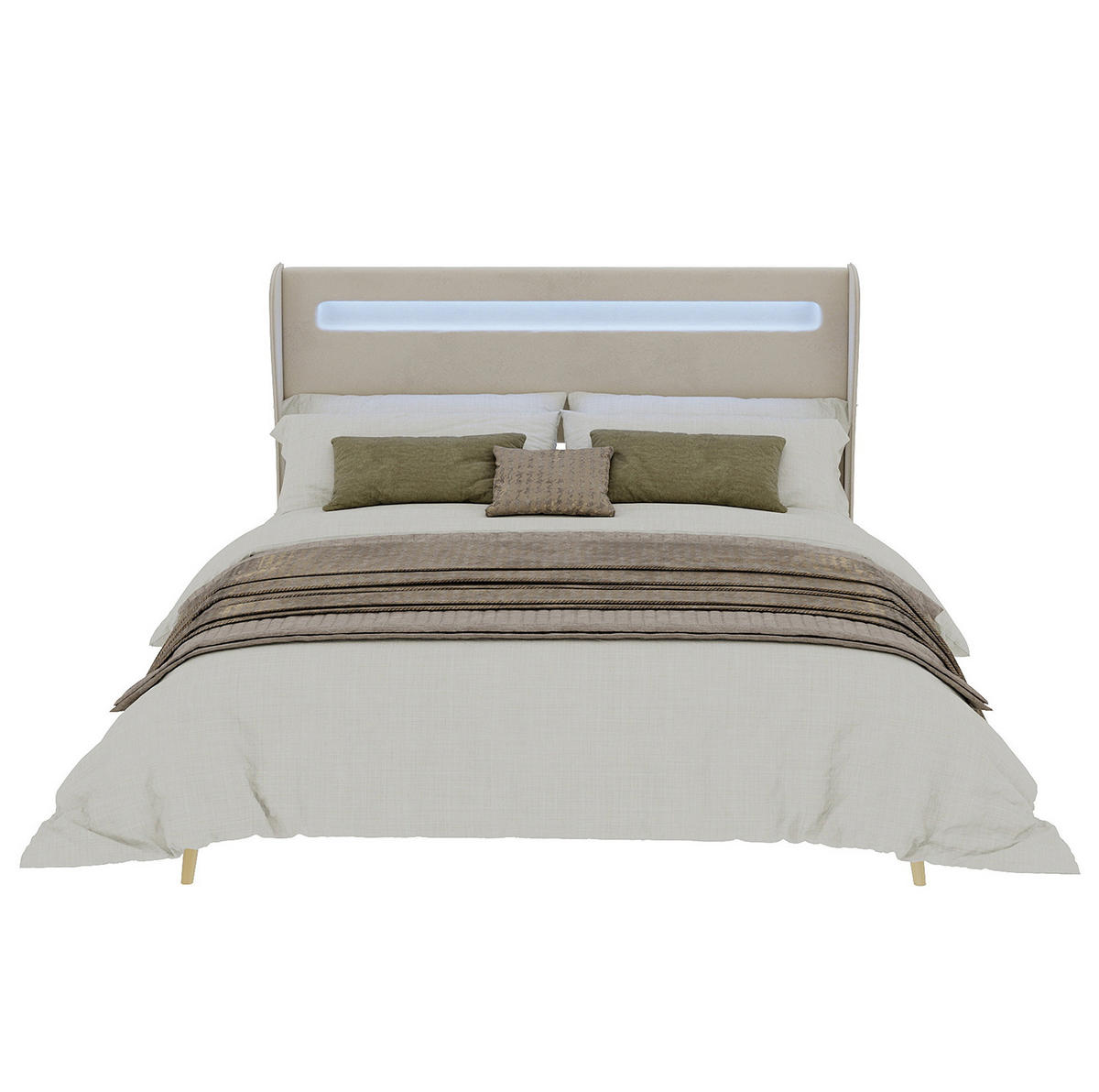 POLSTERBETT 160/200 cm beige aus Stoff und Metall mit LED und verstellbarer Rückenlehne - Beige, Textil (160/200cm) - OKWISH