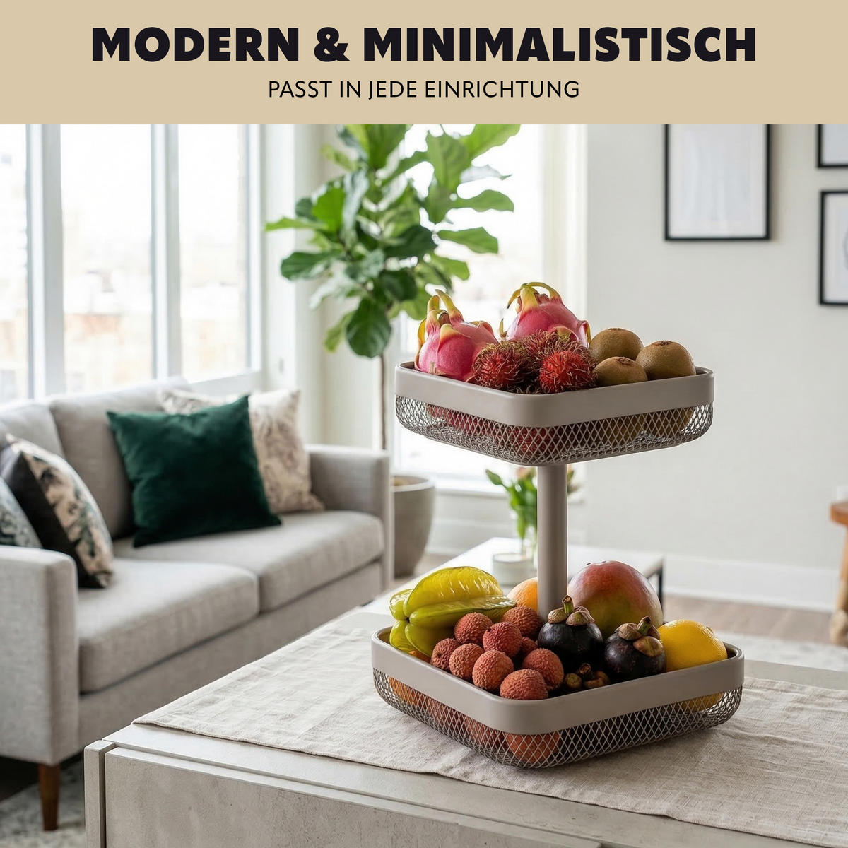 OBSTETAGERE, eckig, 2-stöckig, Ø 20 cm und 25 cm, taupe, Metall - Taupe, Metall (30cm) - eluno