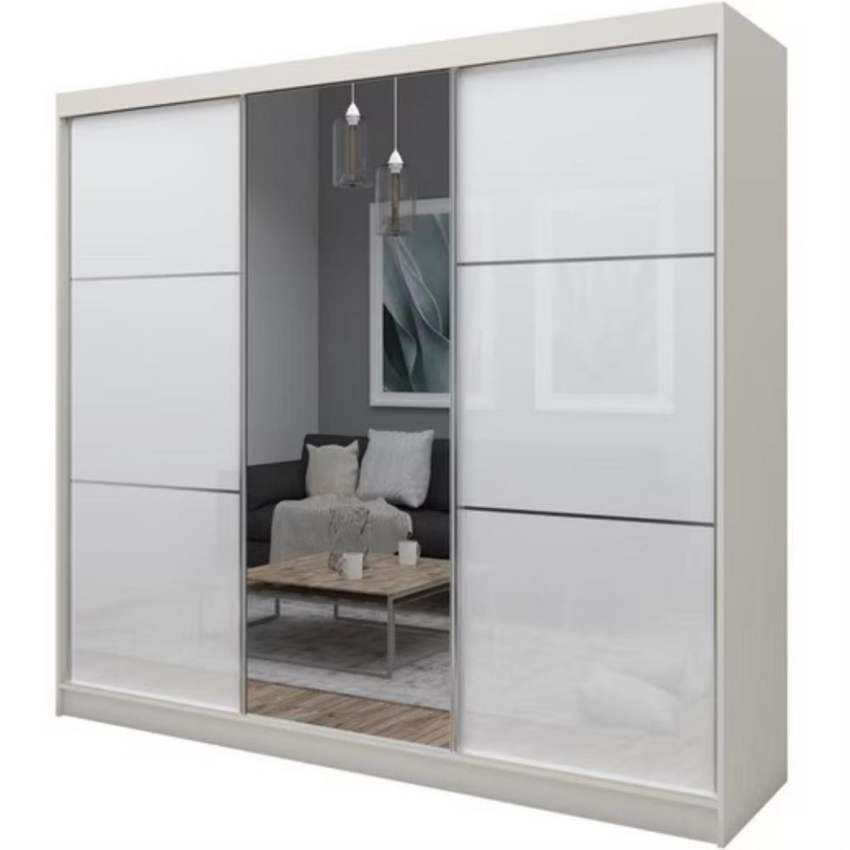 SCHWEBETÜRENSCHRANK Viva II 240/216/61 kaschmirmit Lacobel-Glas und Schubladen - Kaschmir, Holzwerkstoff (240/216/61cm) - Beautysofa