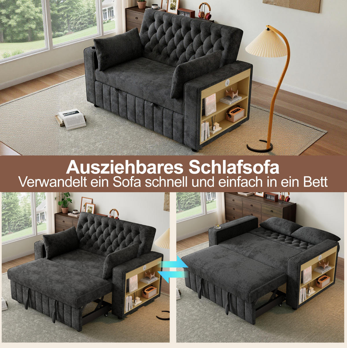 SCHLAFSOFA, Chenille mit USB-Anschluss, Stauraum & 3-fach verstellbarer Rückenlehne, 140/137/84 cm, Grau - Grau, Textil (137/84/140cm) - Redom