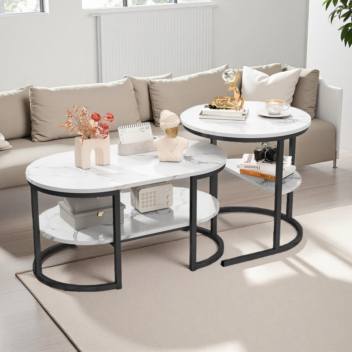 COUCHTISCH-SET Marmoroptik Weiß, Metallgestell Schwarz, 2er Set - Schwarz, Metall (80/46/51cm) - SHOPENTRA