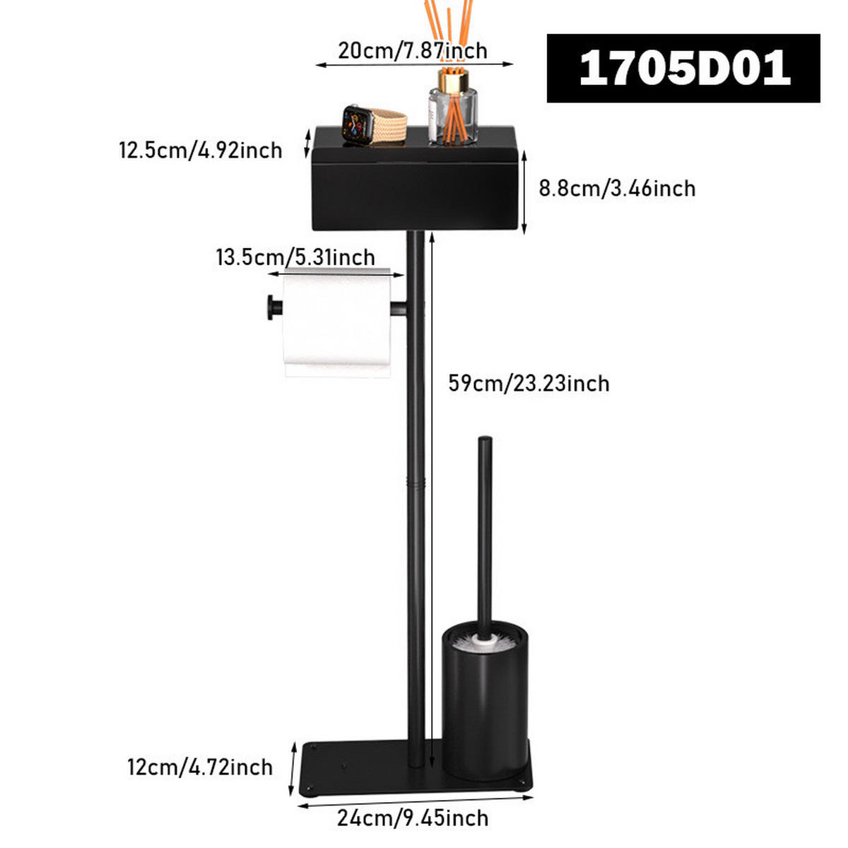 TOILETTENBÜRSTENHALTER – 2-in-1 (Schwarz) 24 x 12 x 69 cm - Schwarz, Metall (12/69/24cm)