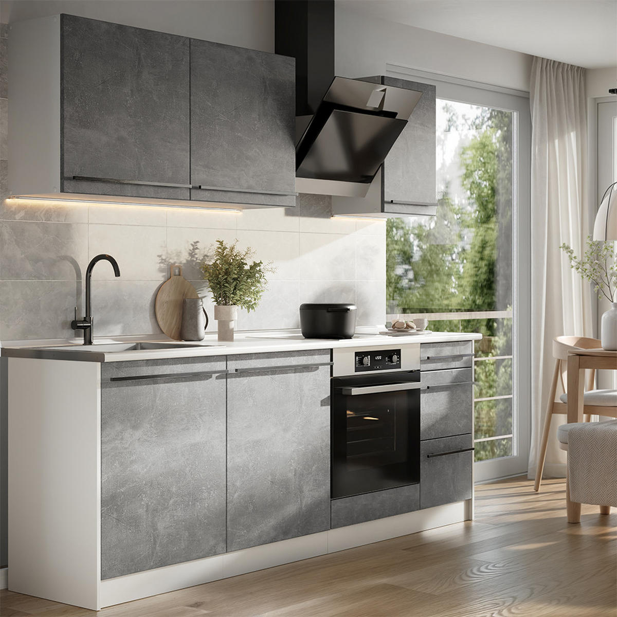 KÜCHENZEILE R-Line, Beton/Weiß, 220 cm ohne Arbeitsplatte - Weiß/Grau, Holzwerkstoff (220/81.6/46cm) - Vicco