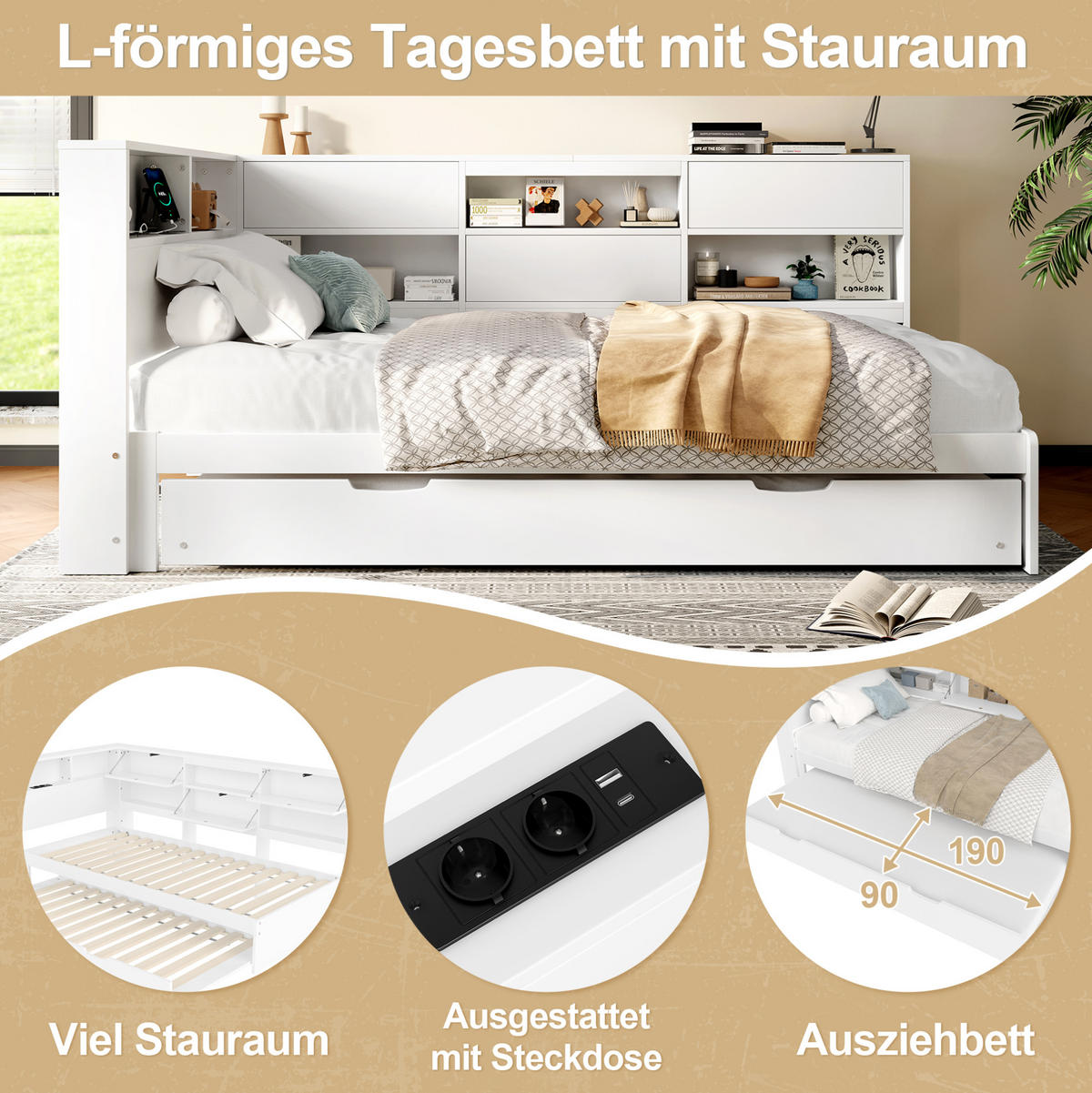 POLSTERBETT 90/200 cm Weiß aus Kiefernholz mit Ausziehbett - Weiß, Holz (90/200cm) - OKMYHOME