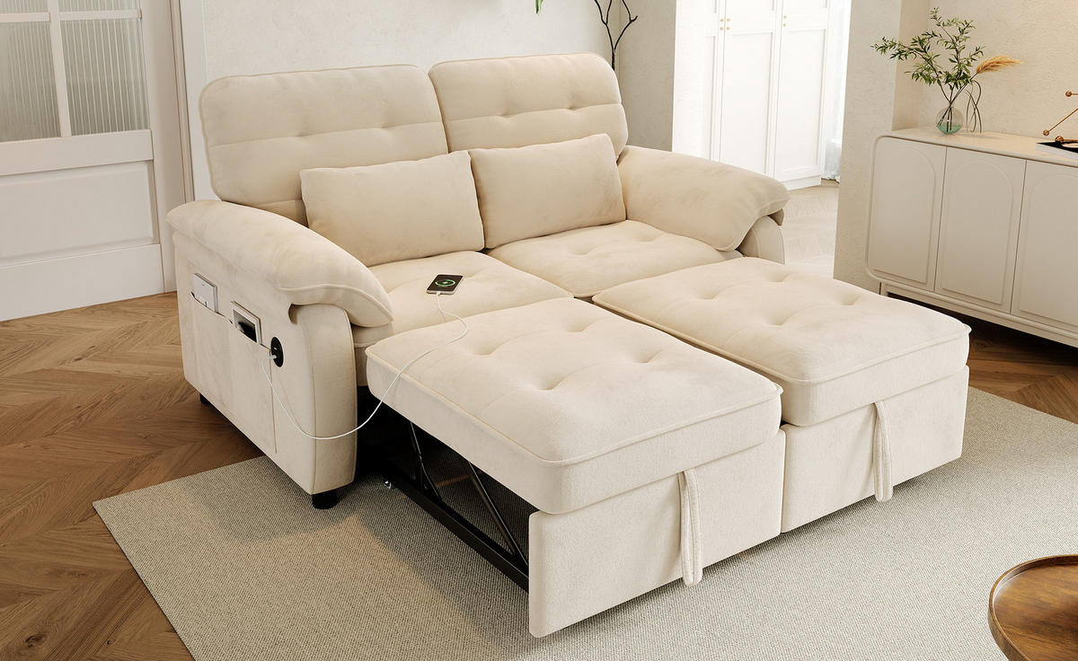 SCHLAFSOFA 142/90/86,5 cm aus Chenille mit 3-in-1-Bettfunktion Beige - Beige, Textil (90/86.5/142cm) - Modenvie