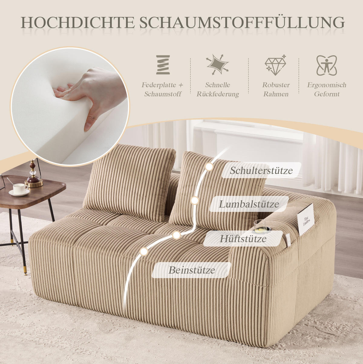 2-SITZER Sofa Cordstoff mit Seitenfächern und Becherhalter 158/93/61 cm Sandfarben - Sandfarben, Textil (93/61/158cm) - Redom